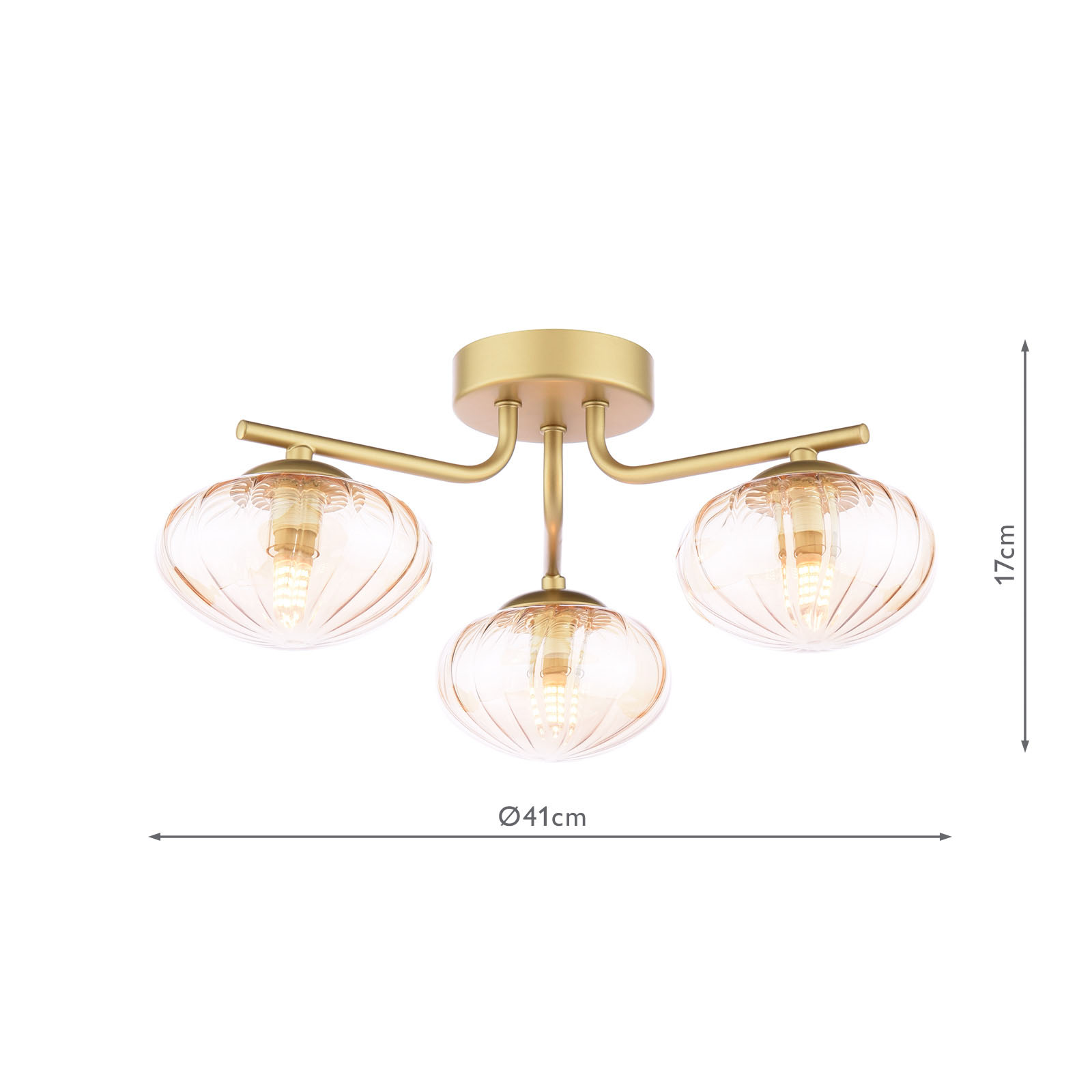Ede 3 Light Semi-Flush Satin Gold and Amber Glass