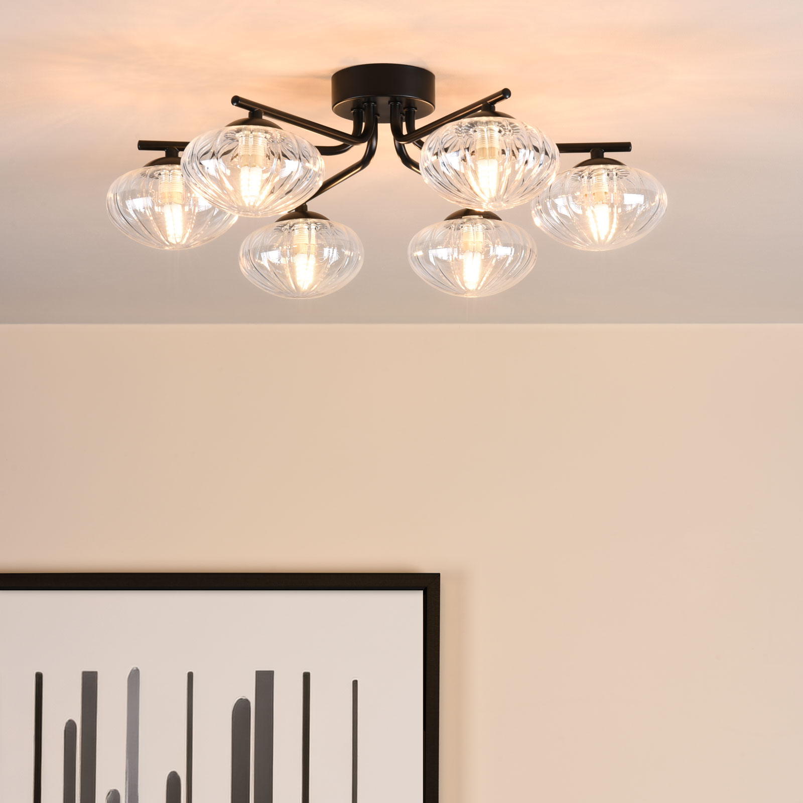 Ede 6 Light Semi-Flush Matt Black and Glass