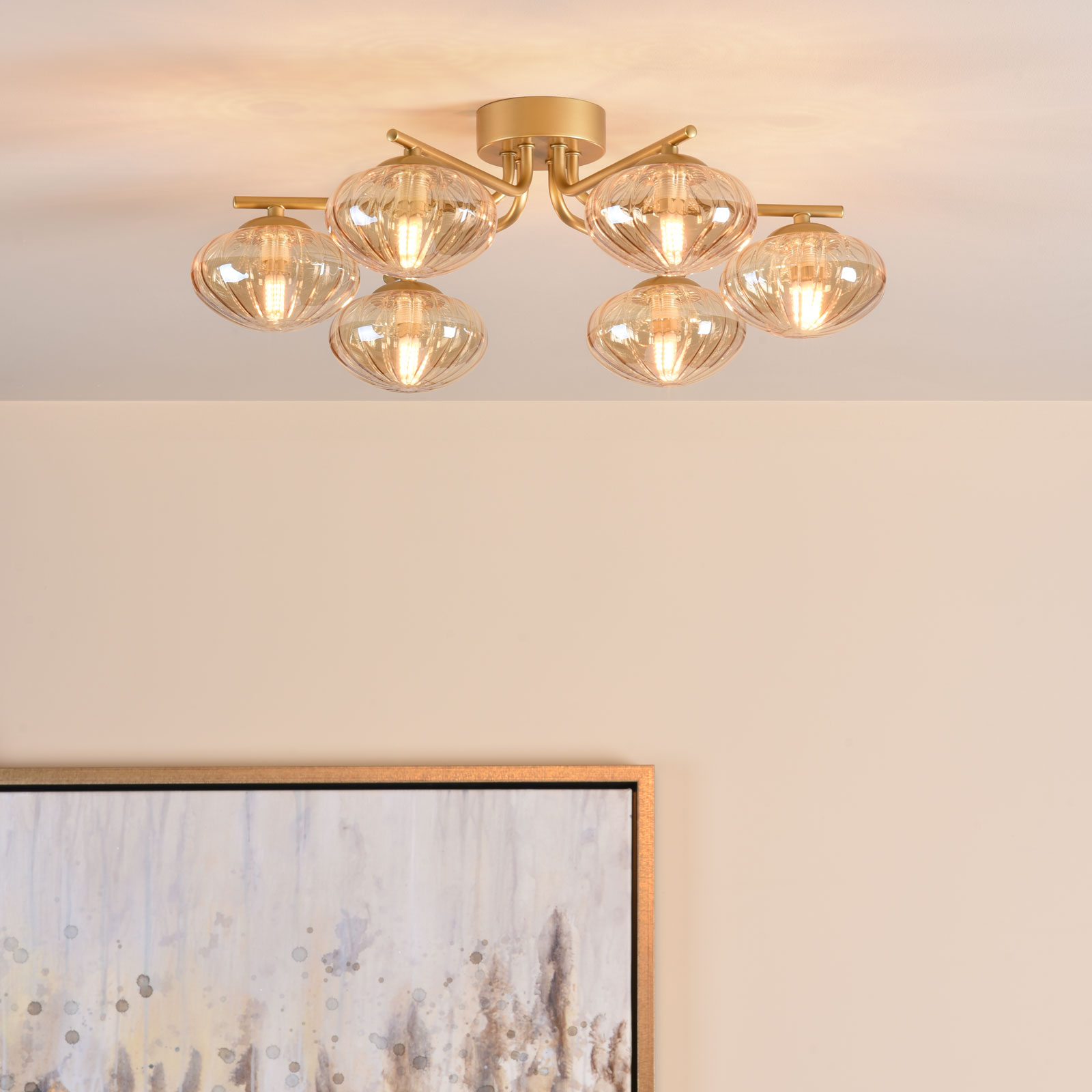 Ede 6 Light Semi-Flush Satin Gold and Amber Glass