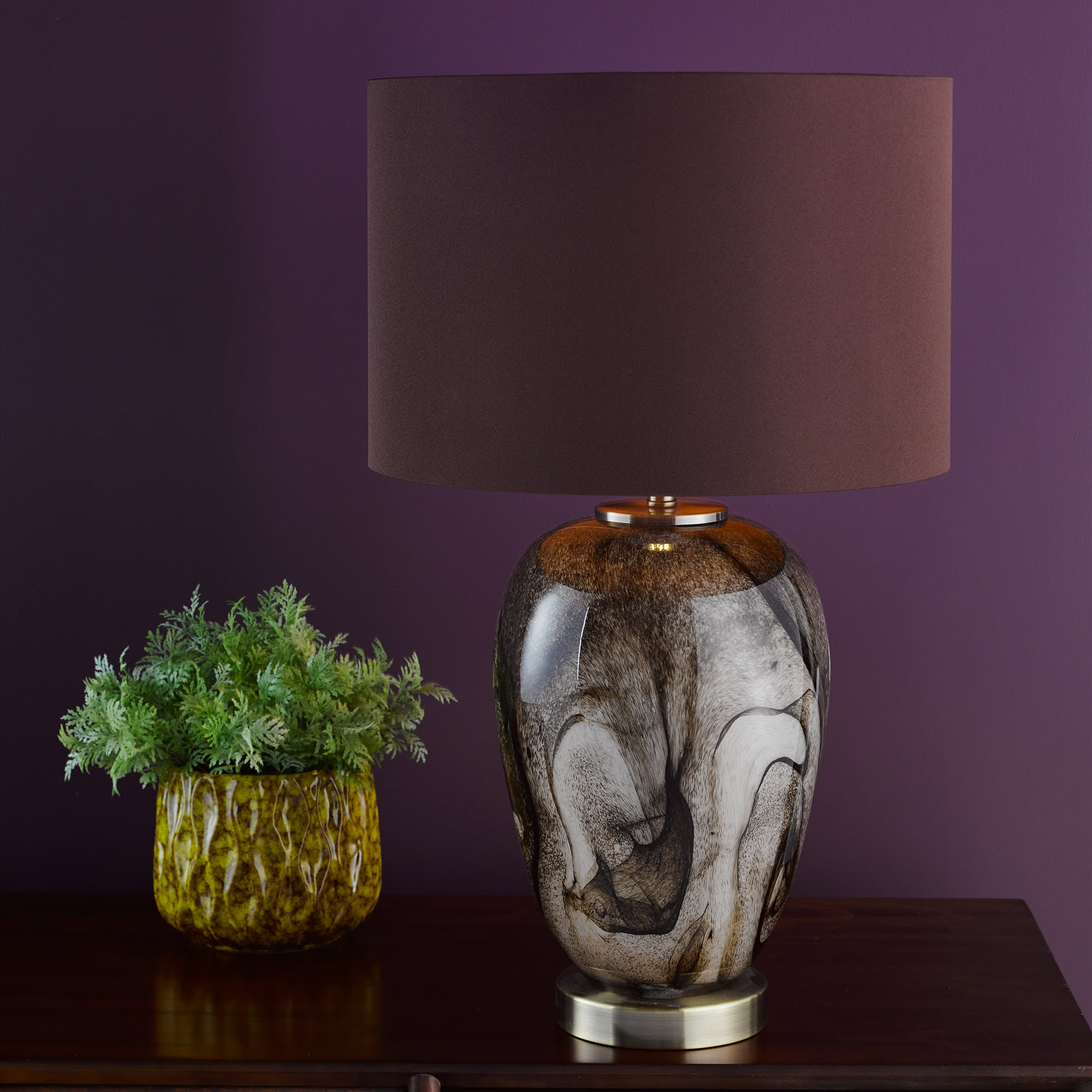 Egas Table Lamp Brown Marble Effect Glass and Antique Brass With Shade