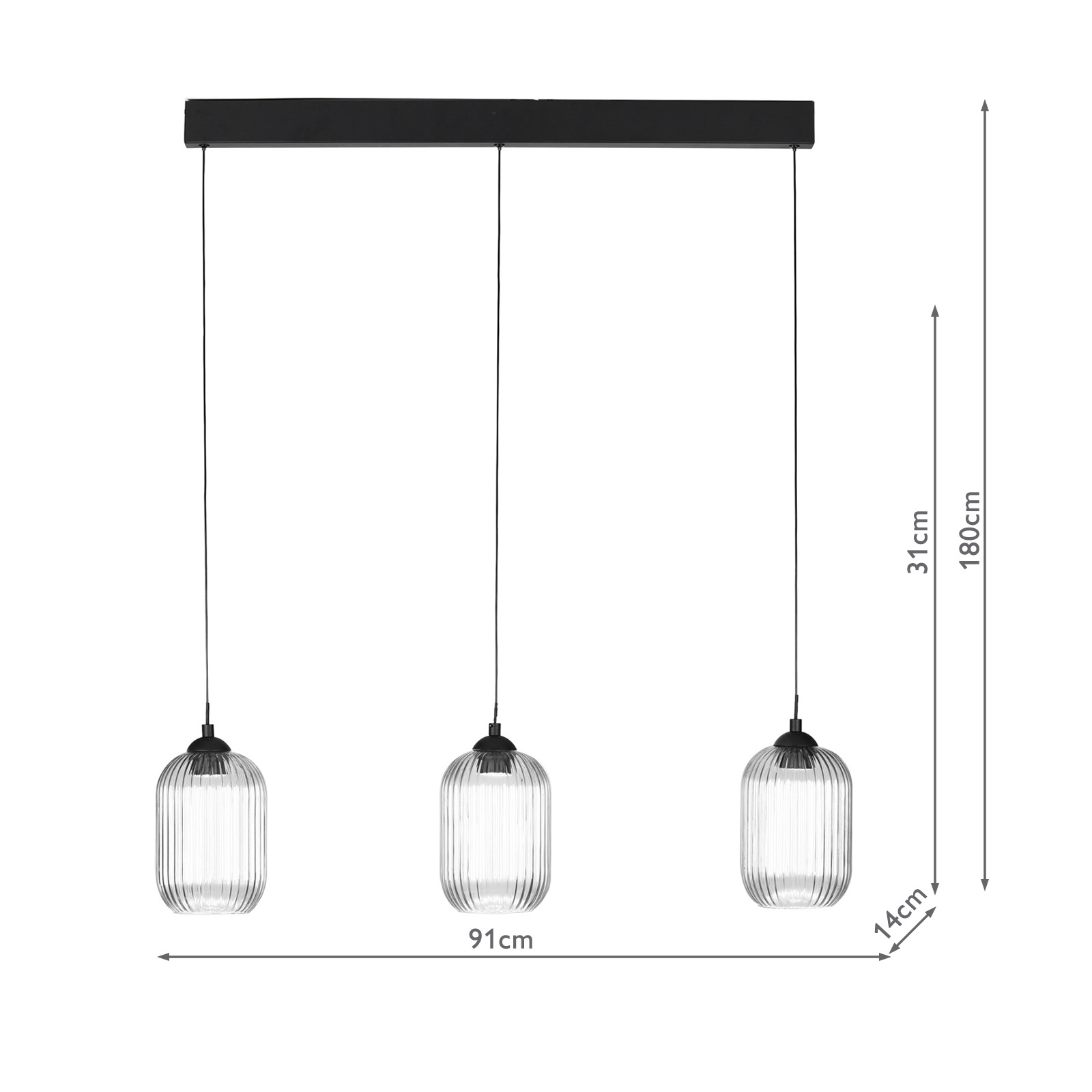 Eileen 3 Light Bar Pendant Matt Black and Ribbed Glass LED