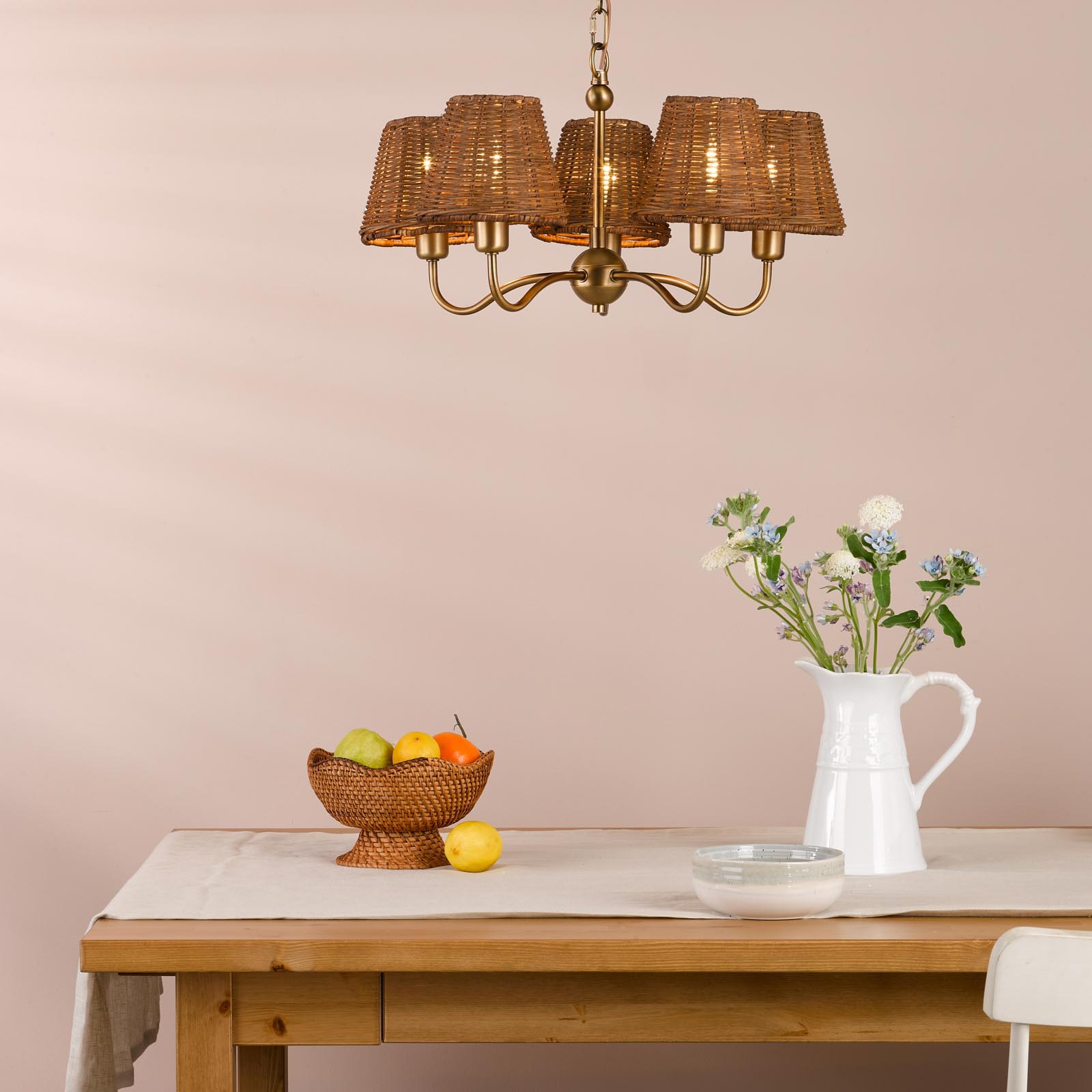 Elara 5 Light Pendant Antique Bronze With Hand-Woven Rattan Shades