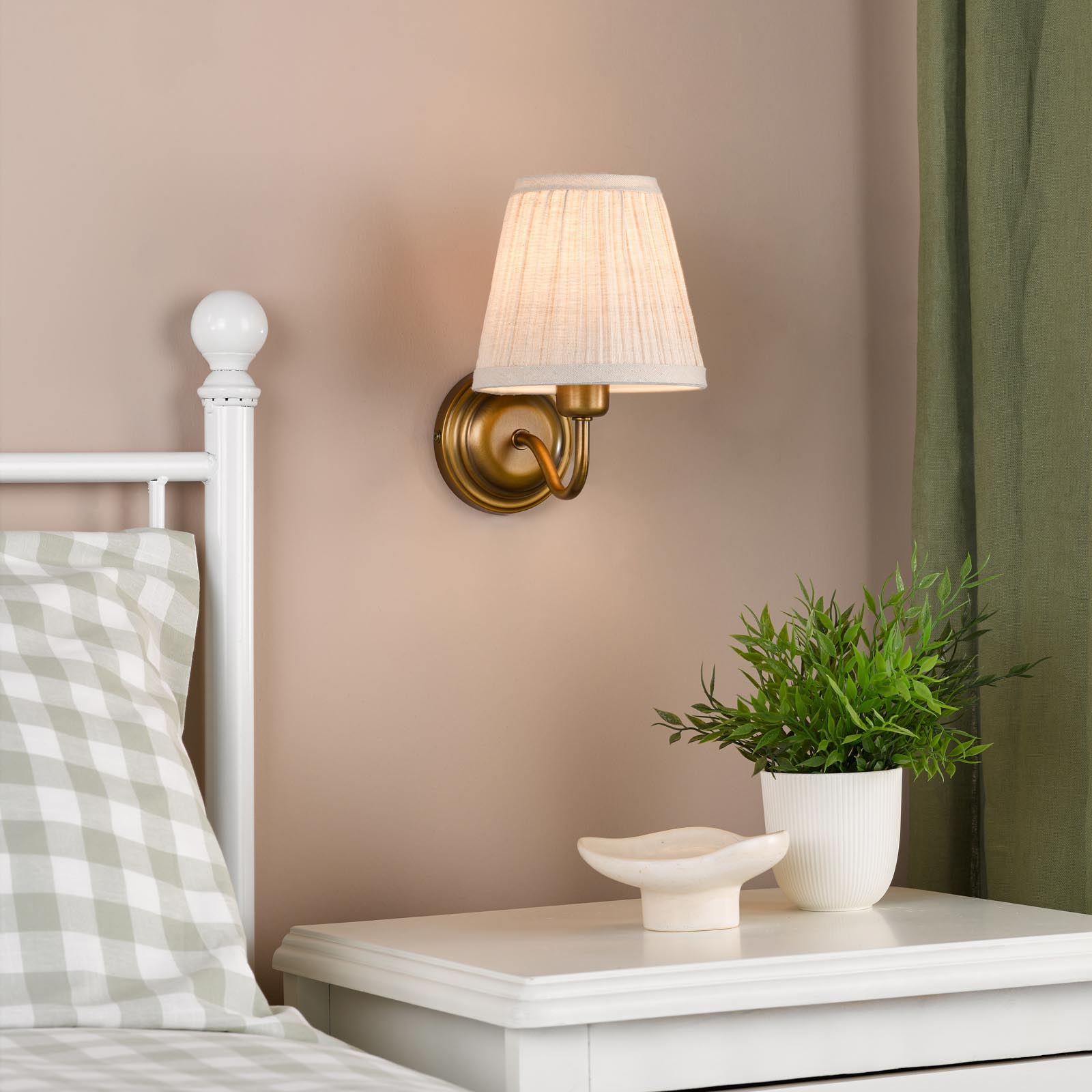 Elara Wall Lamp Antique Bronze With Natural Linen Pleated Shades