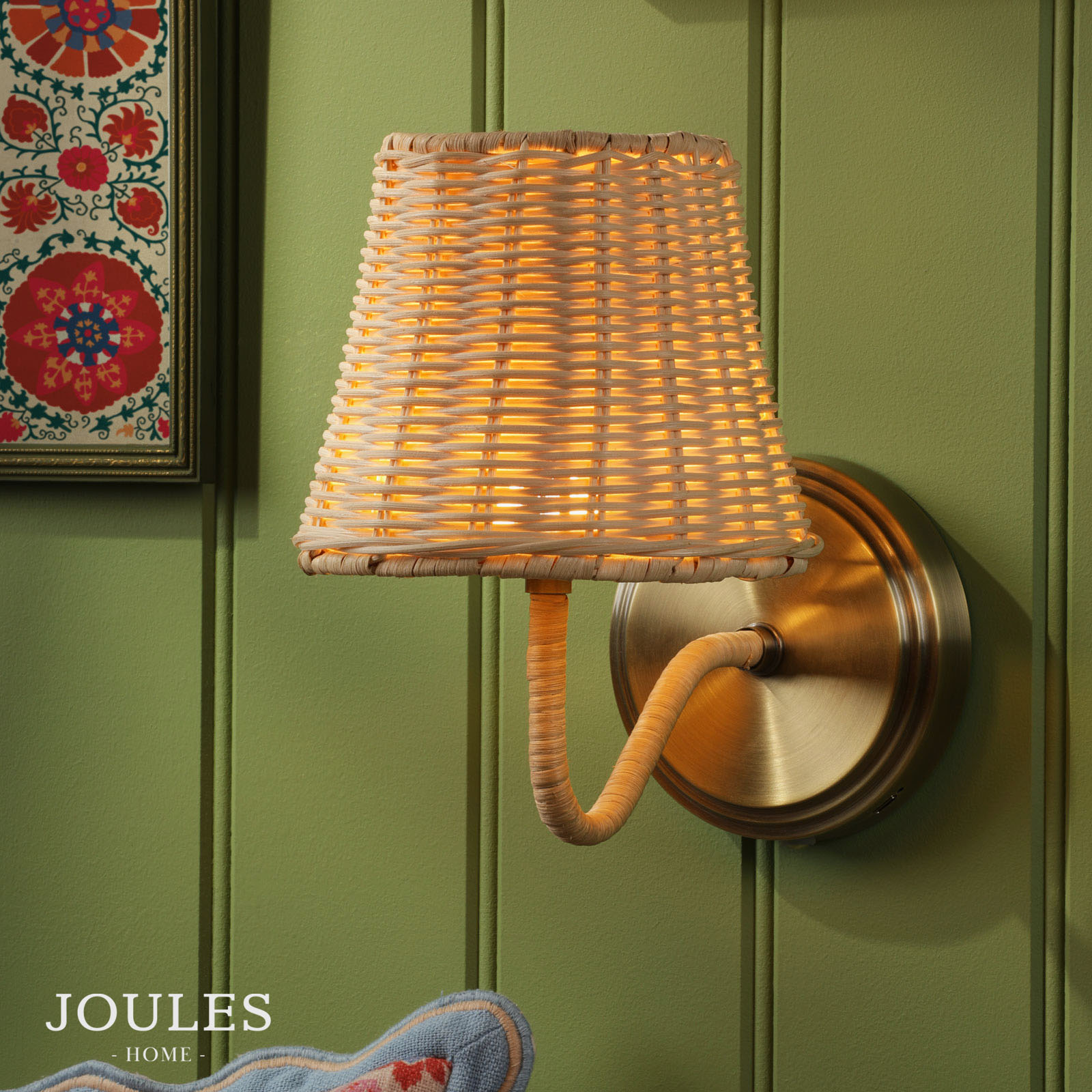 Joules Elcot Rechargeable Wall Light Antique Brass With Rattan Shade LED