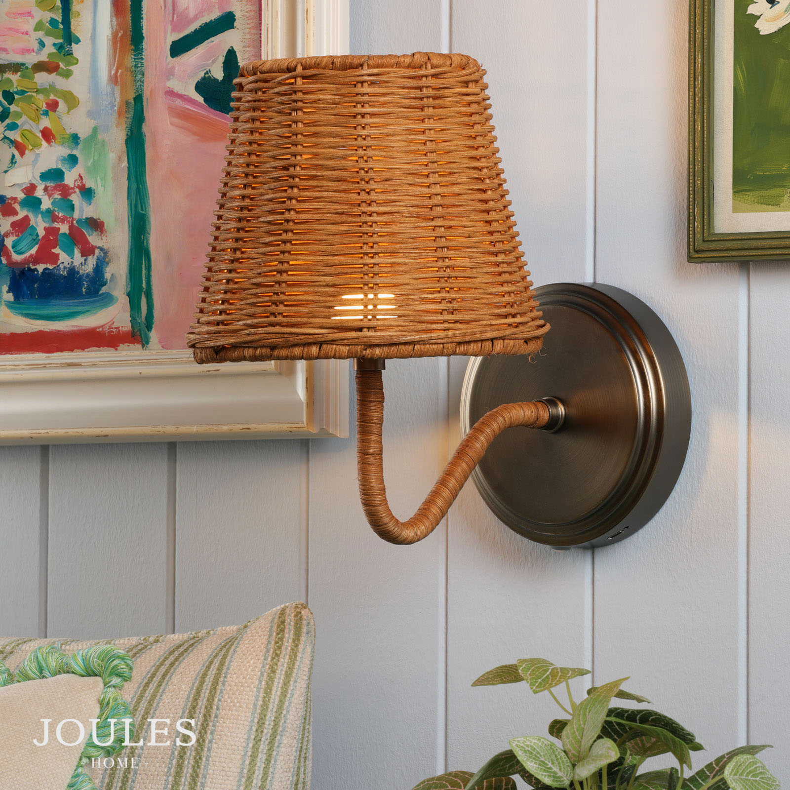 Joules Elcot Rechargeable Wall Light Satin Bronze With Rattan Shade LED