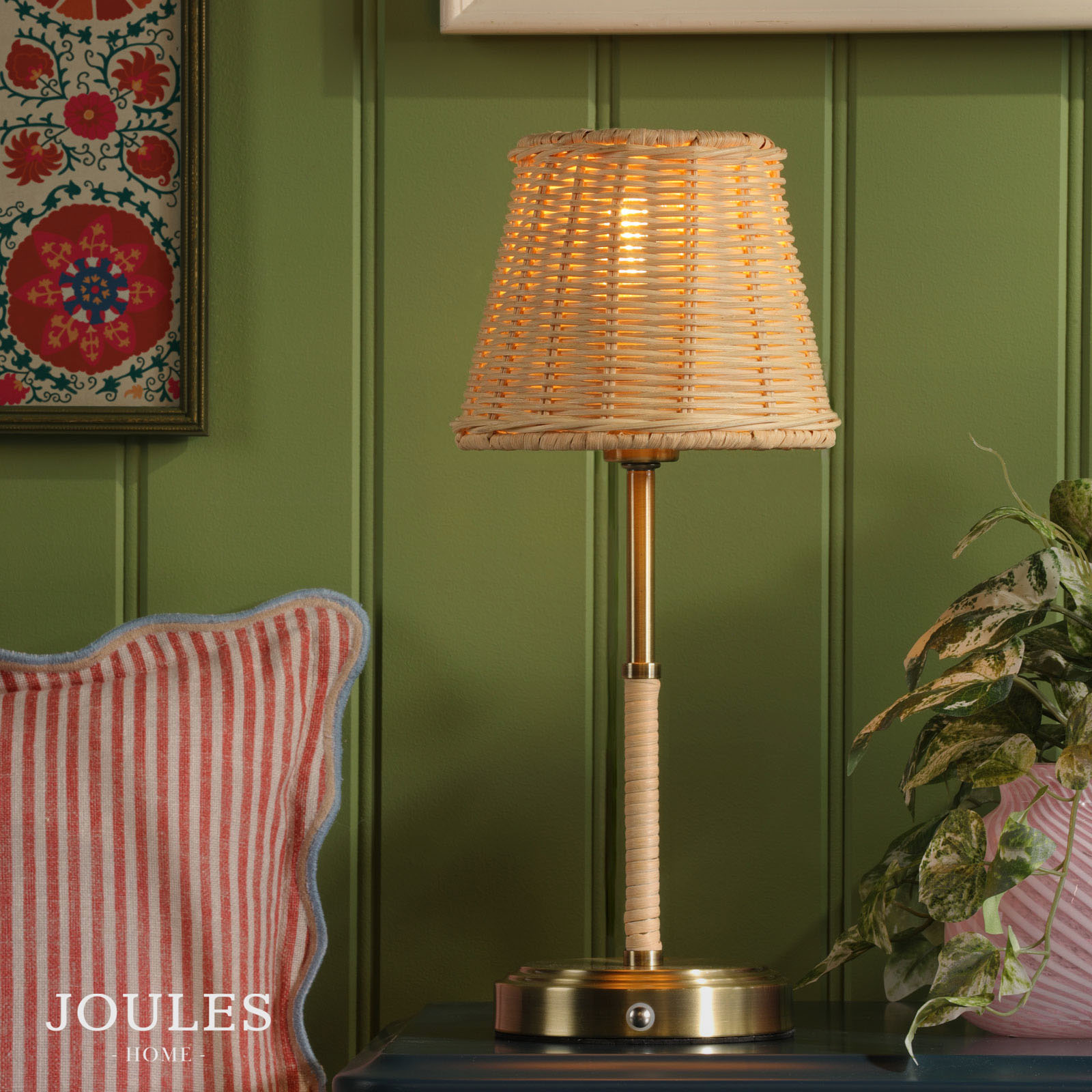 Joules Elcot Rechargeable Table Lamp Antique Brass With Rattan Shade LED