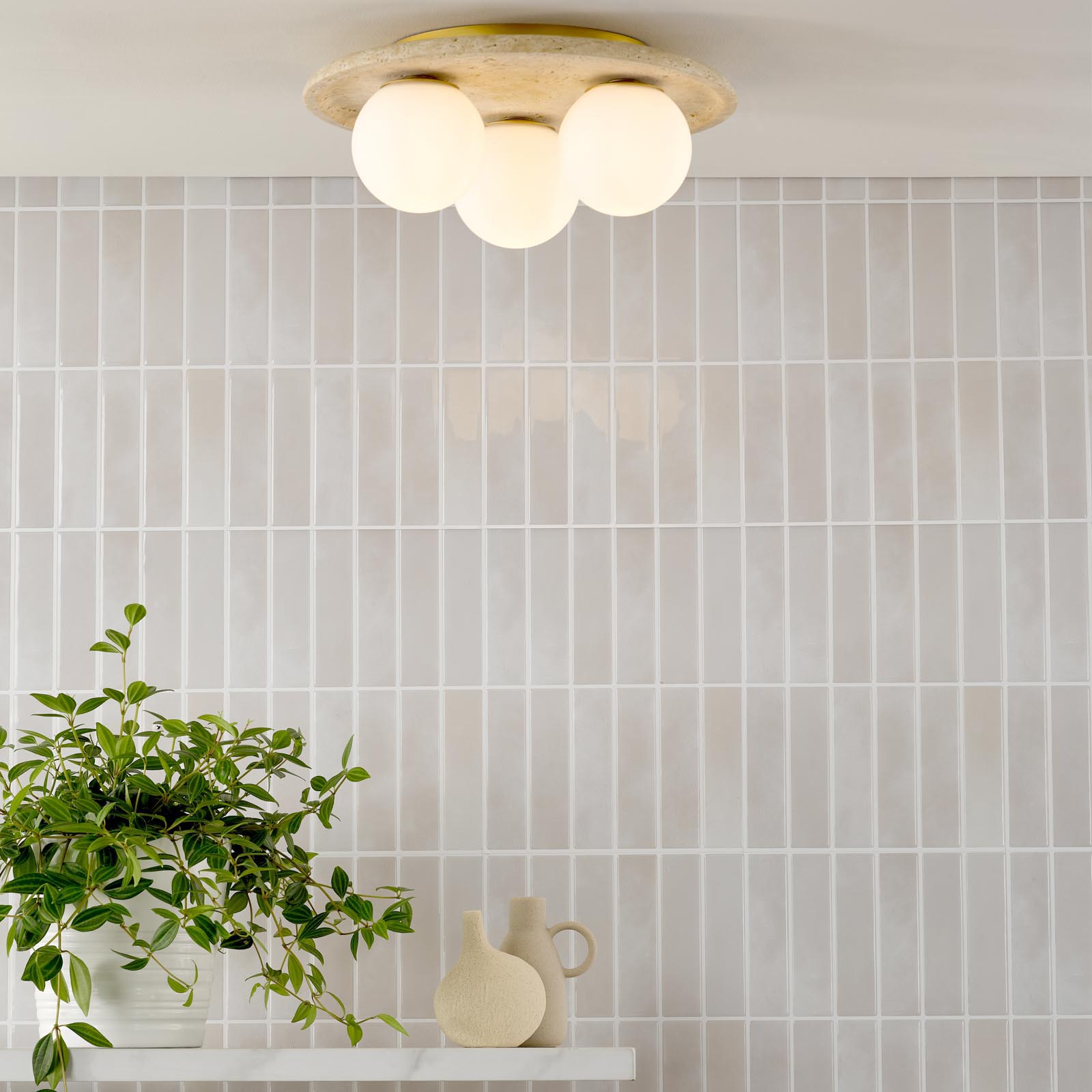 Elgor 3 Light Bathroom Ceiling Light Travertine and Opal Glass IP44