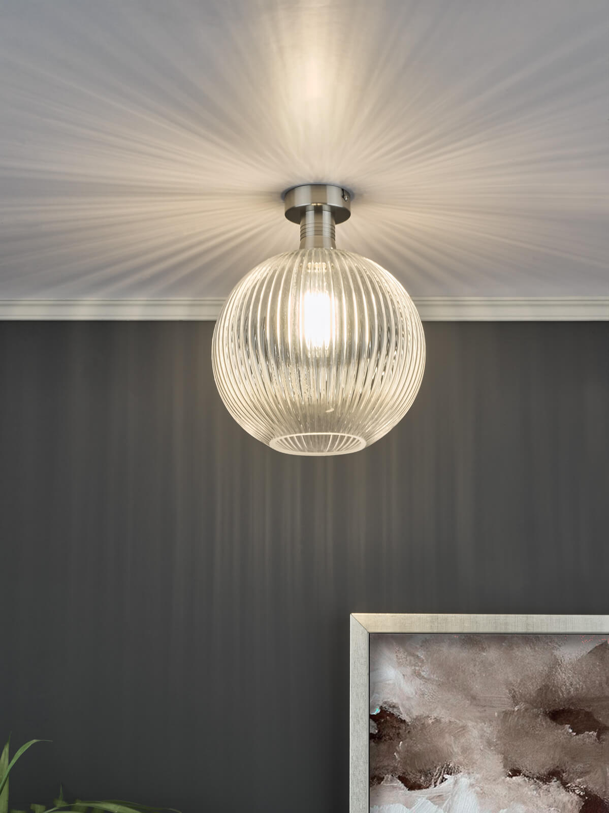 Emerson Semi Flush Antique Chrome Round Ribbed Glass 