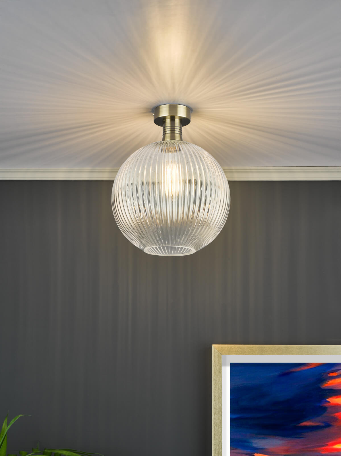 Emerson Semi Flush Antique Brass Round Ribbed Glass 