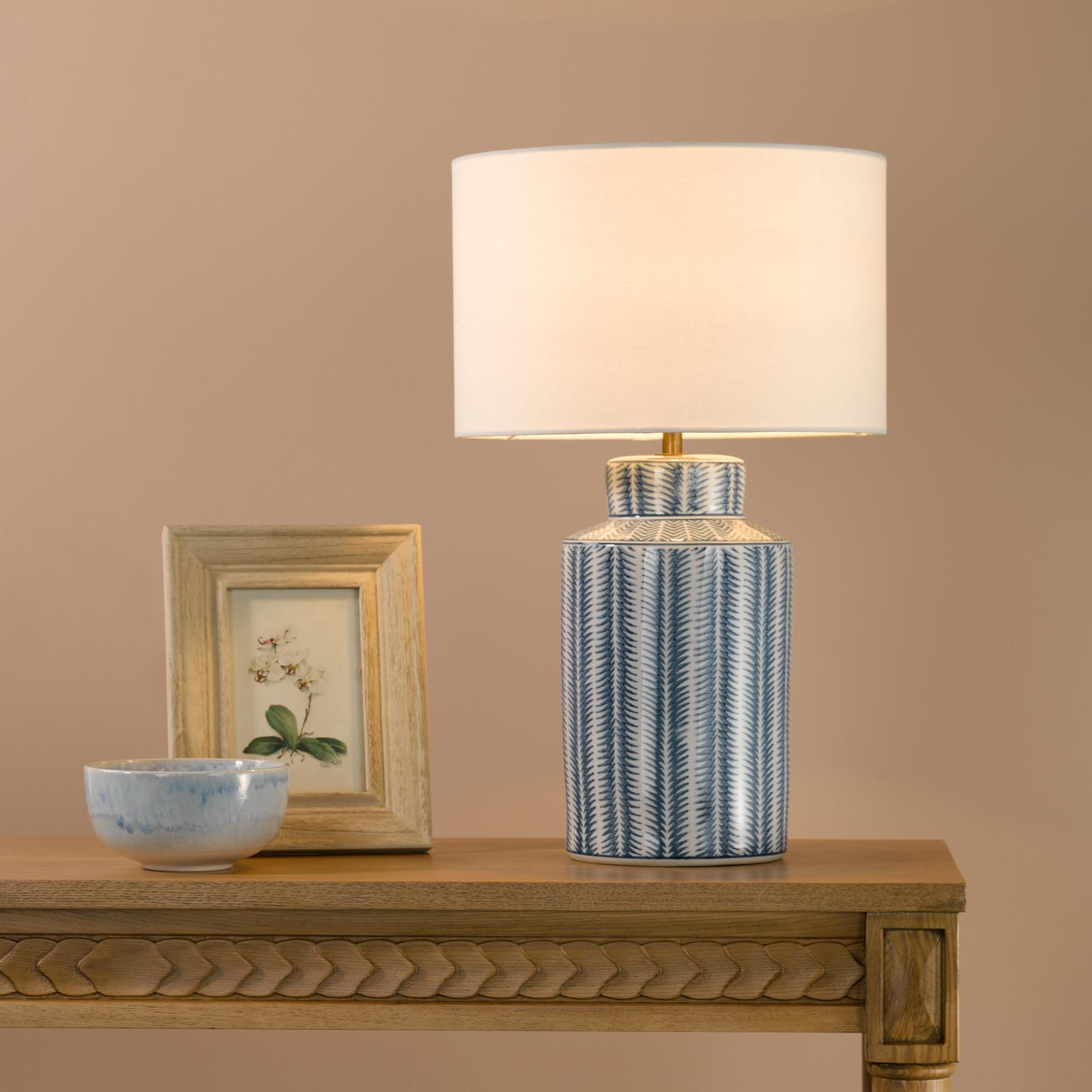 Ennio Table Lamp Blue Ceramic and Antique Brass With Linen Shade