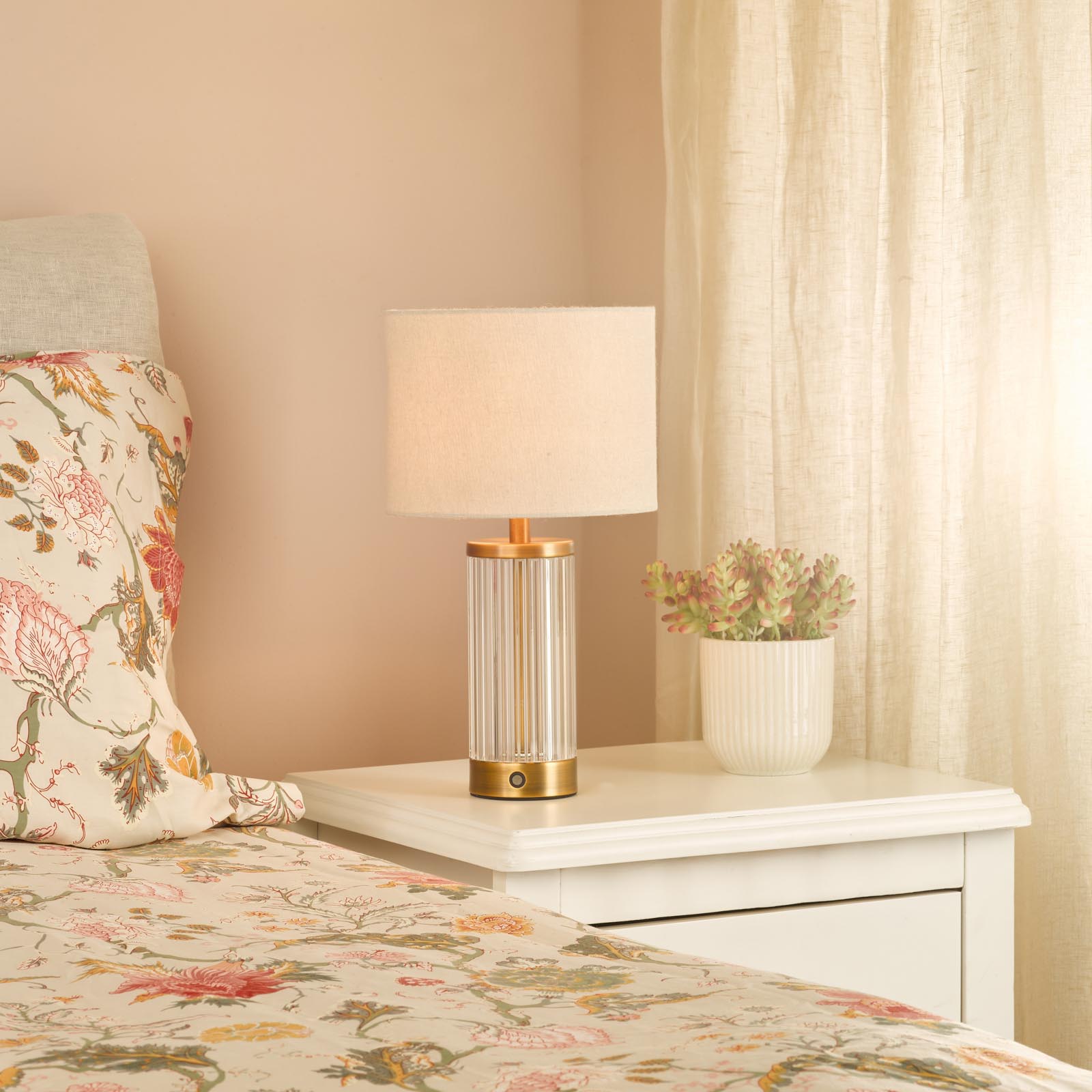 Enrico Rechargeable Table Lamp Antique Bronze and Ribbed Glass With Linen Shade LED