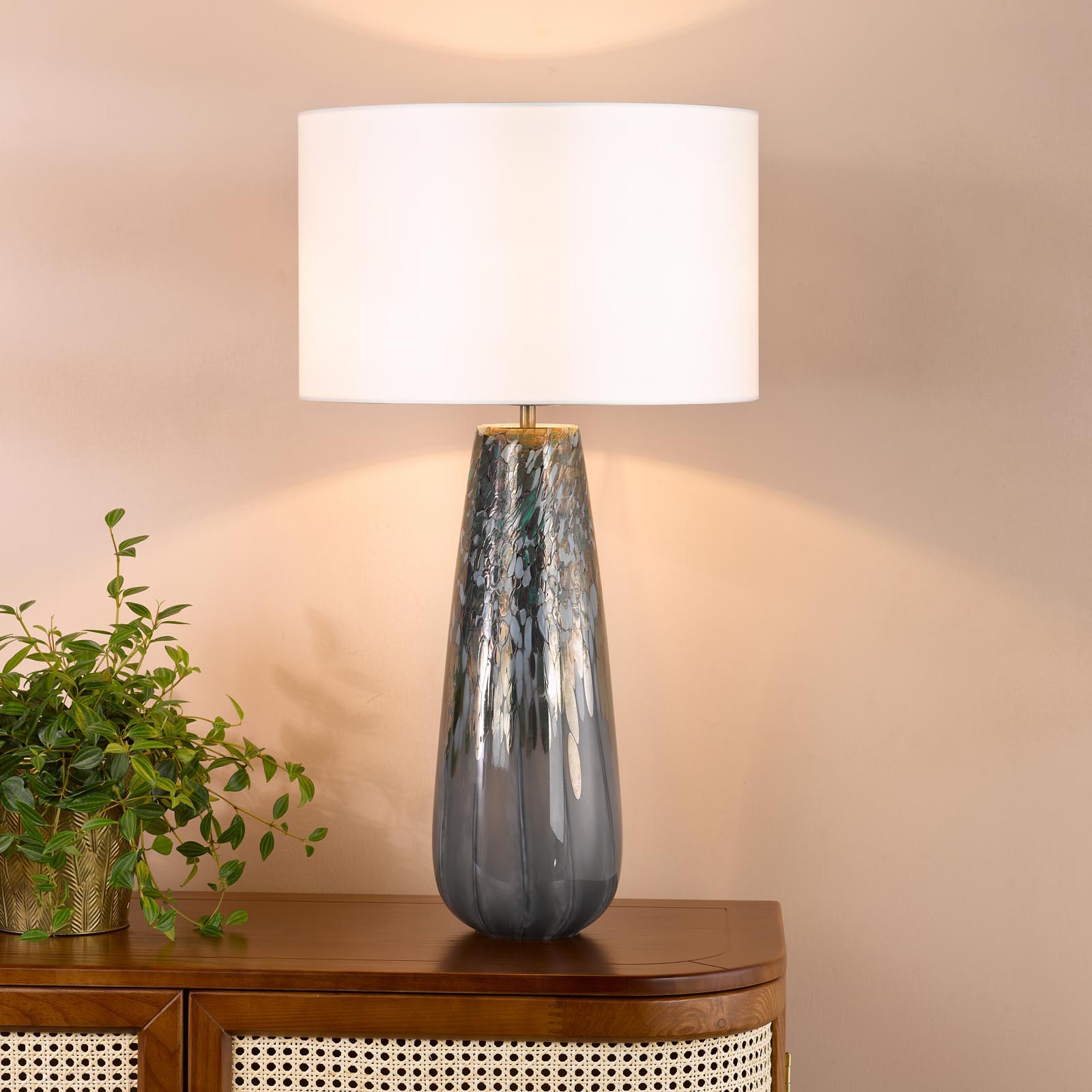 Erdis Table Lamp Blue Art Glass and Antique Bronze With Ivory Shade