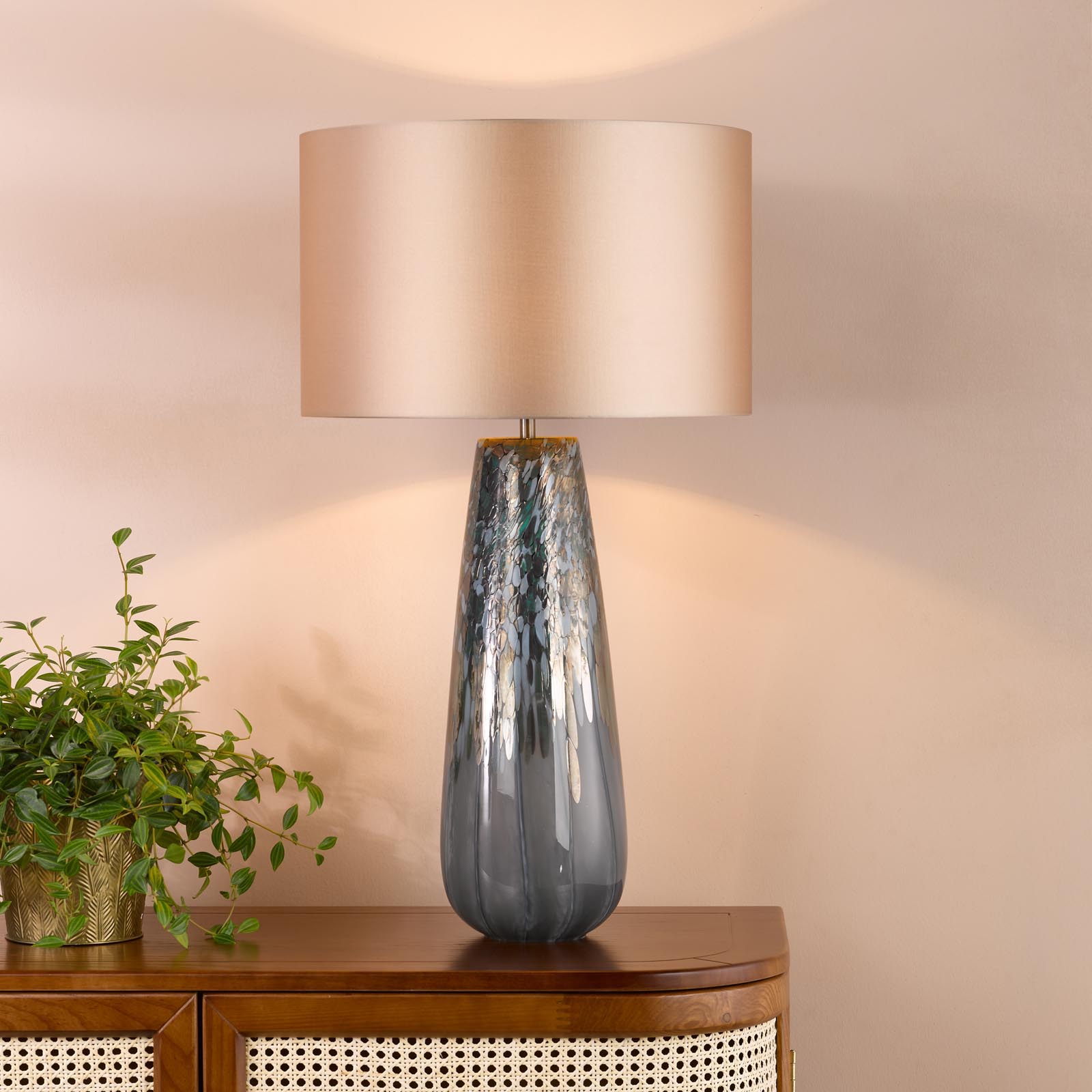 Erdis Table Lamp Blue Art Glass and Antique Bronze With Taupe Shade
