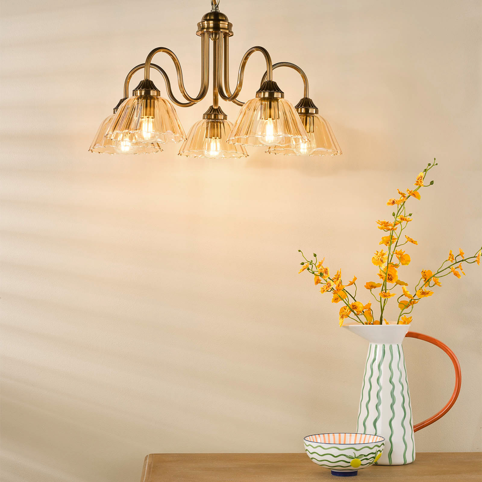 Erika 5 Light Pendant Antique Bronze and Amber Glass