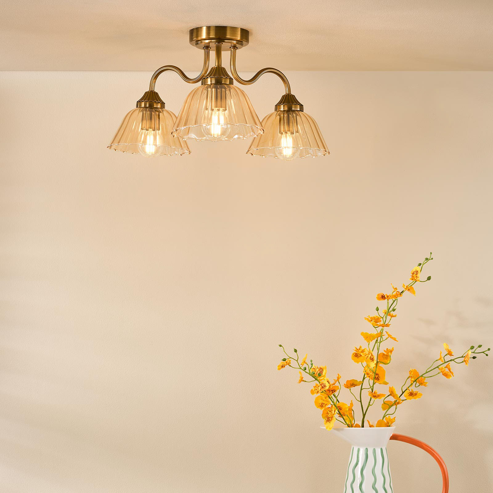 Erika 3 Light Semi-Flush Antique Bronze and Amber Glass