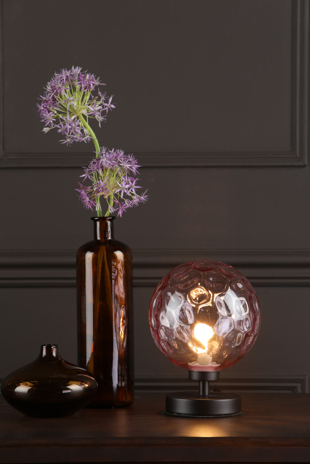 Esben Touch Table Lamp Matt Black With Pink Dimpled Glass