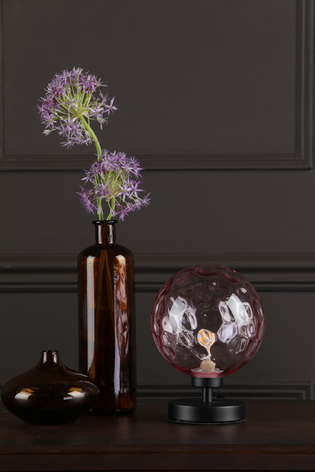 Esben Touch Table Lamp Matt Black With Pink Dimpled Glass