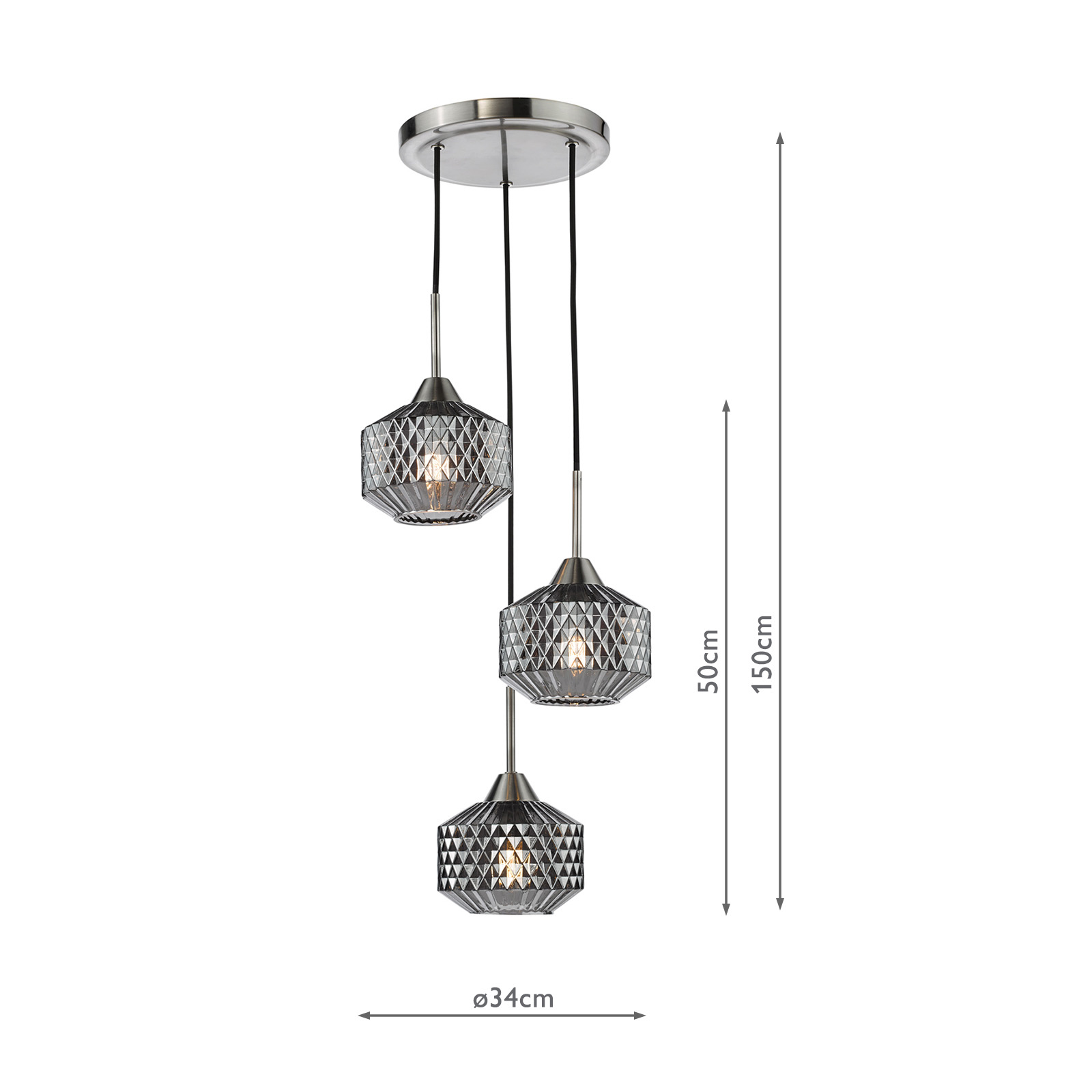 Fabrienne 3 Light Cluster Pendant Satin Nickel and Smoked Glass