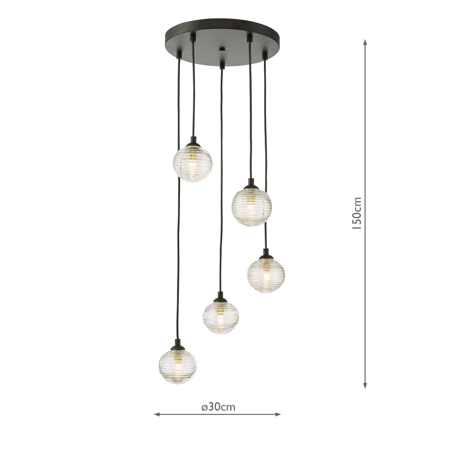 Federico 5 Light Cluster Pendant Matt Black With Ribbed Glass