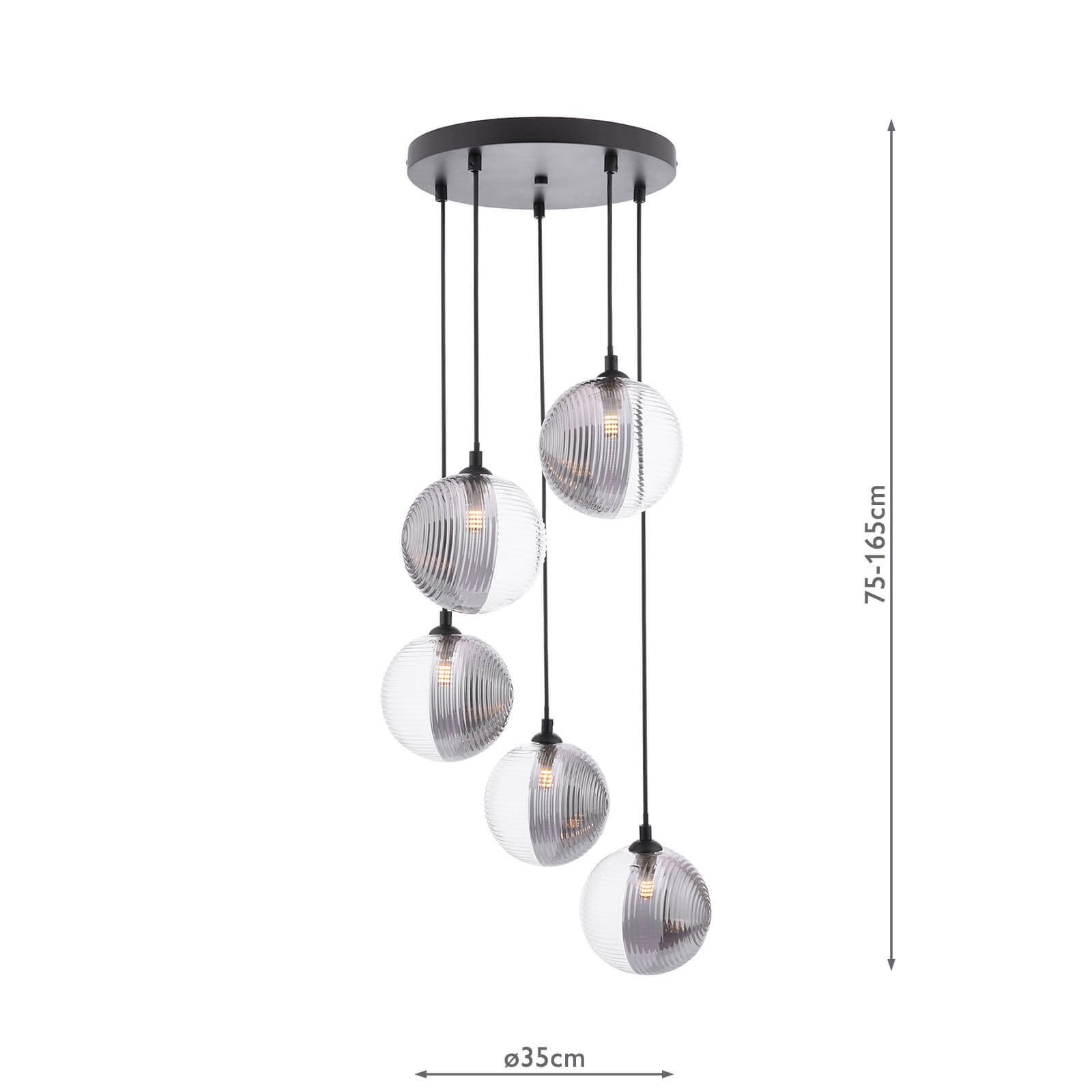 Federico 5 Light Cluster Pendant Matt Black With Smoked/Clear Ribbed Glass