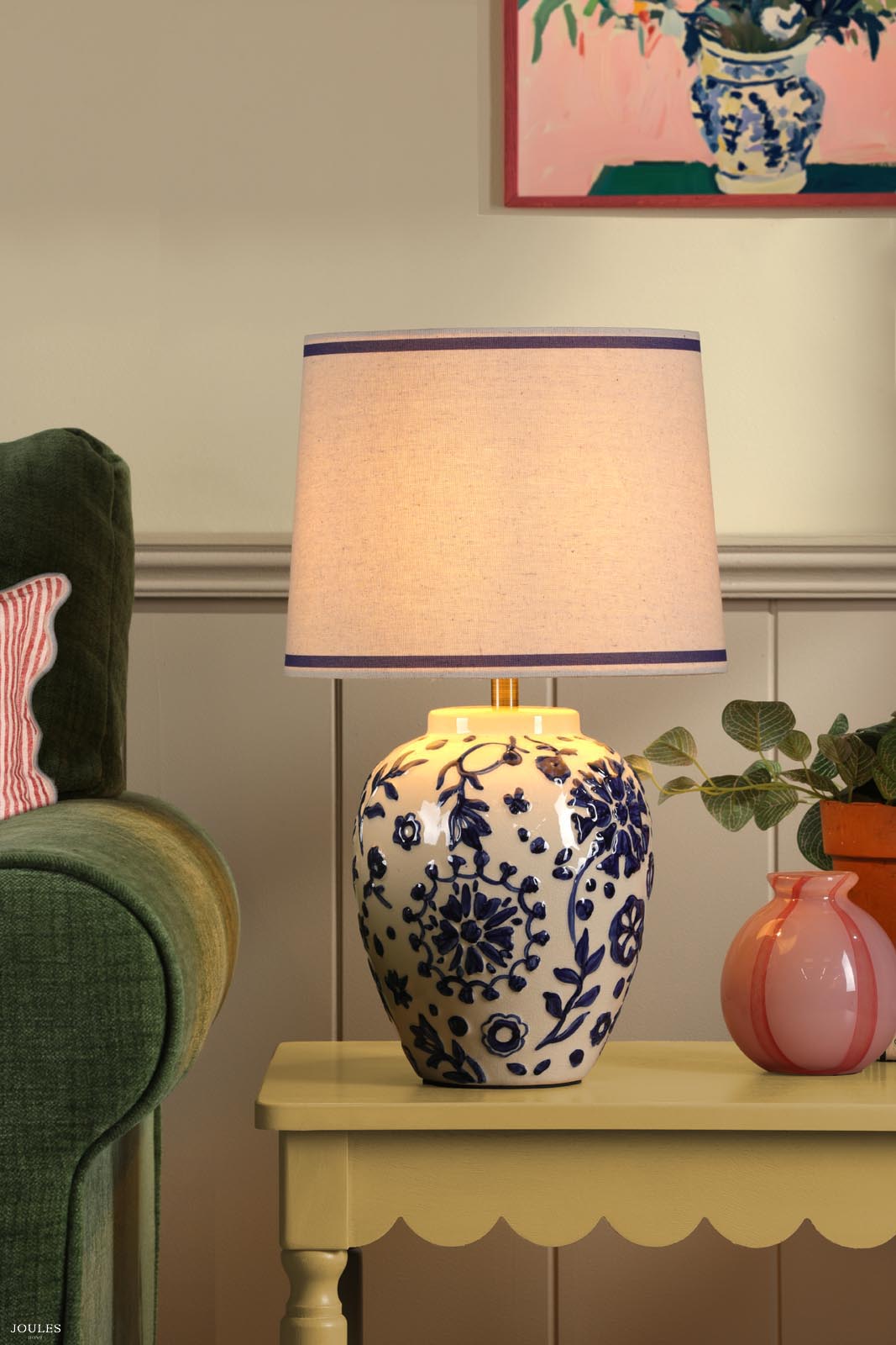 Joules Normanby Table Lamp Blue Ceramic and Antique Brass With Shade