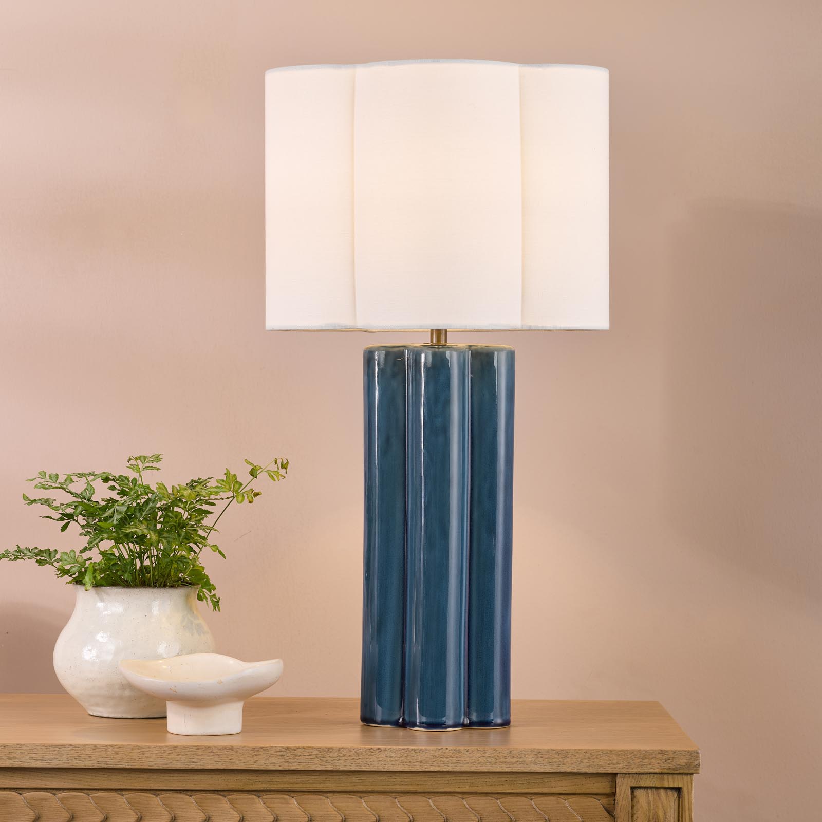Fiyan Table Lamp Blue Ceramic and Antique Brass With Scallop LInen Shade