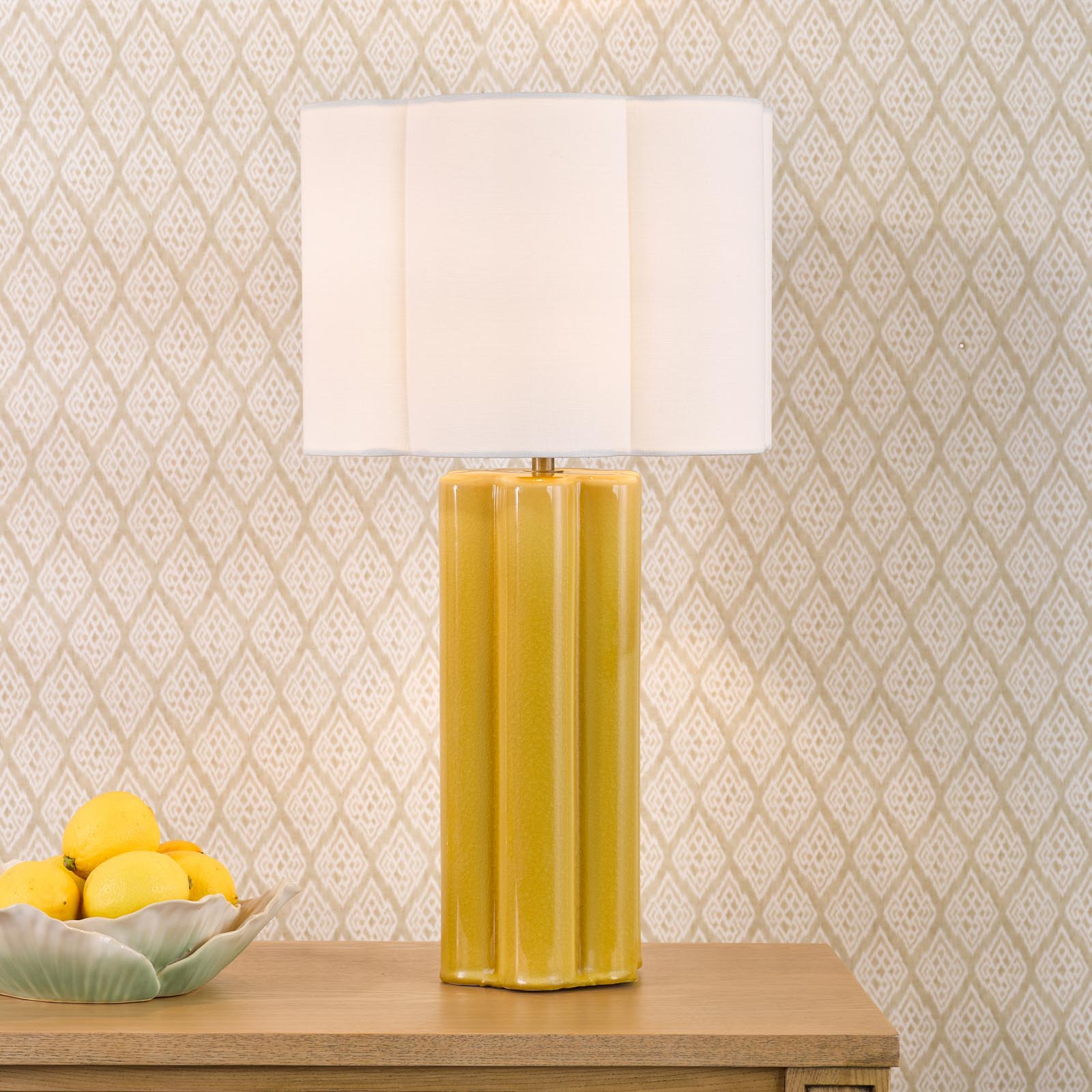 Fiyan Table Lamp Yellow Ceramic and Antique Brass With Scallop LInen Shade