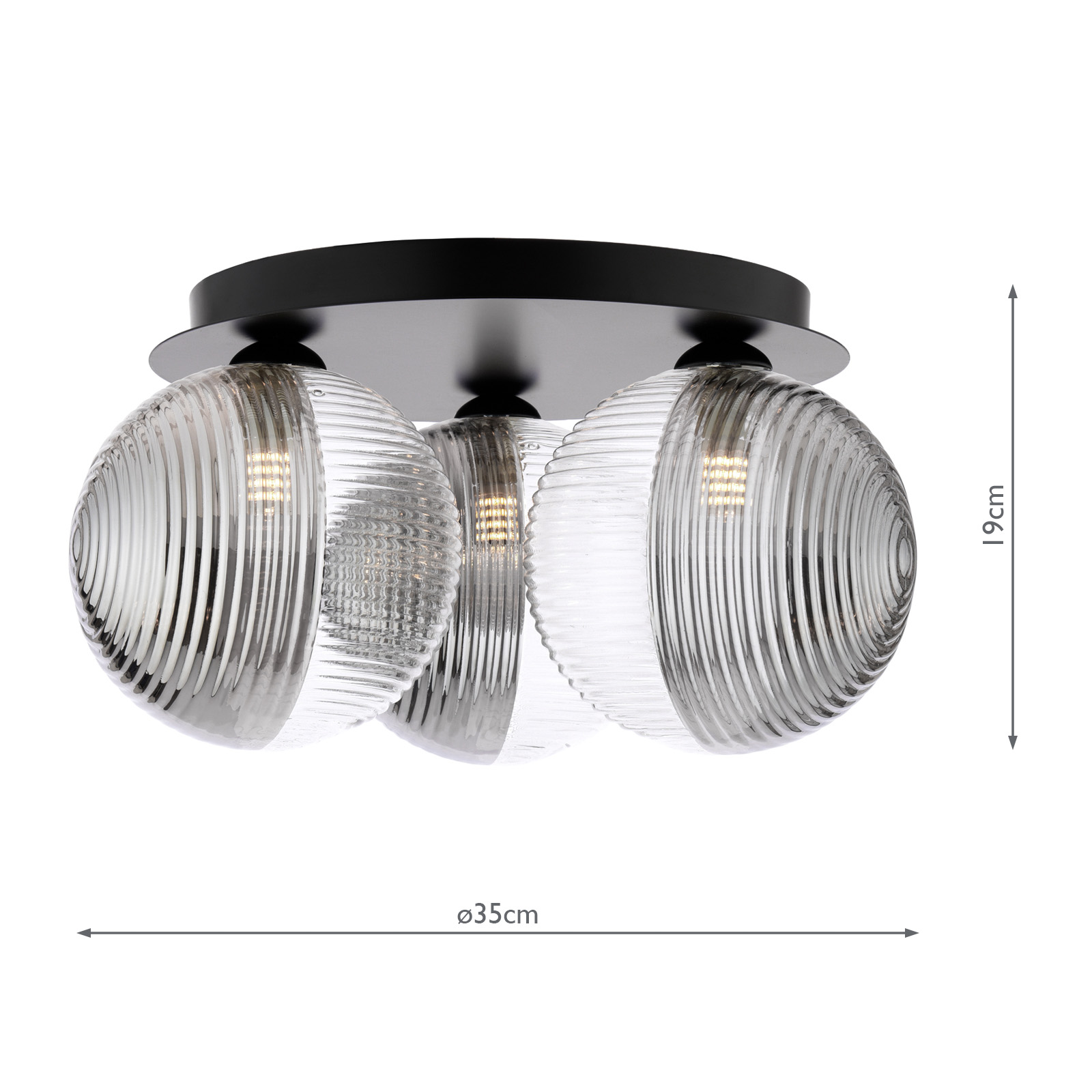 Foley 3 Light Flush Matt Black With Smoked/Clear Ribbed Glass