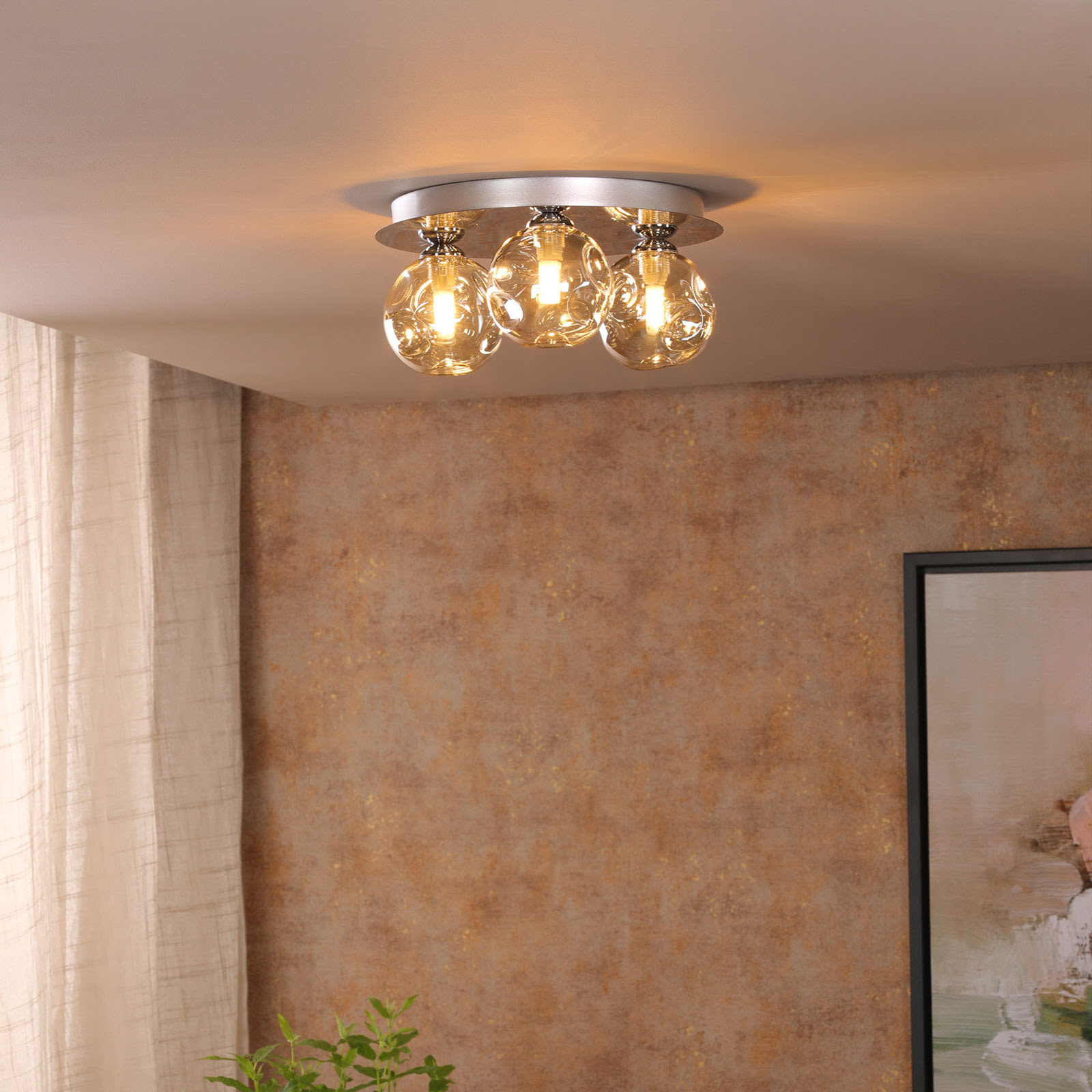 Foley 3 Light Flush Polished Chrome With Closed Organic Amber Glass