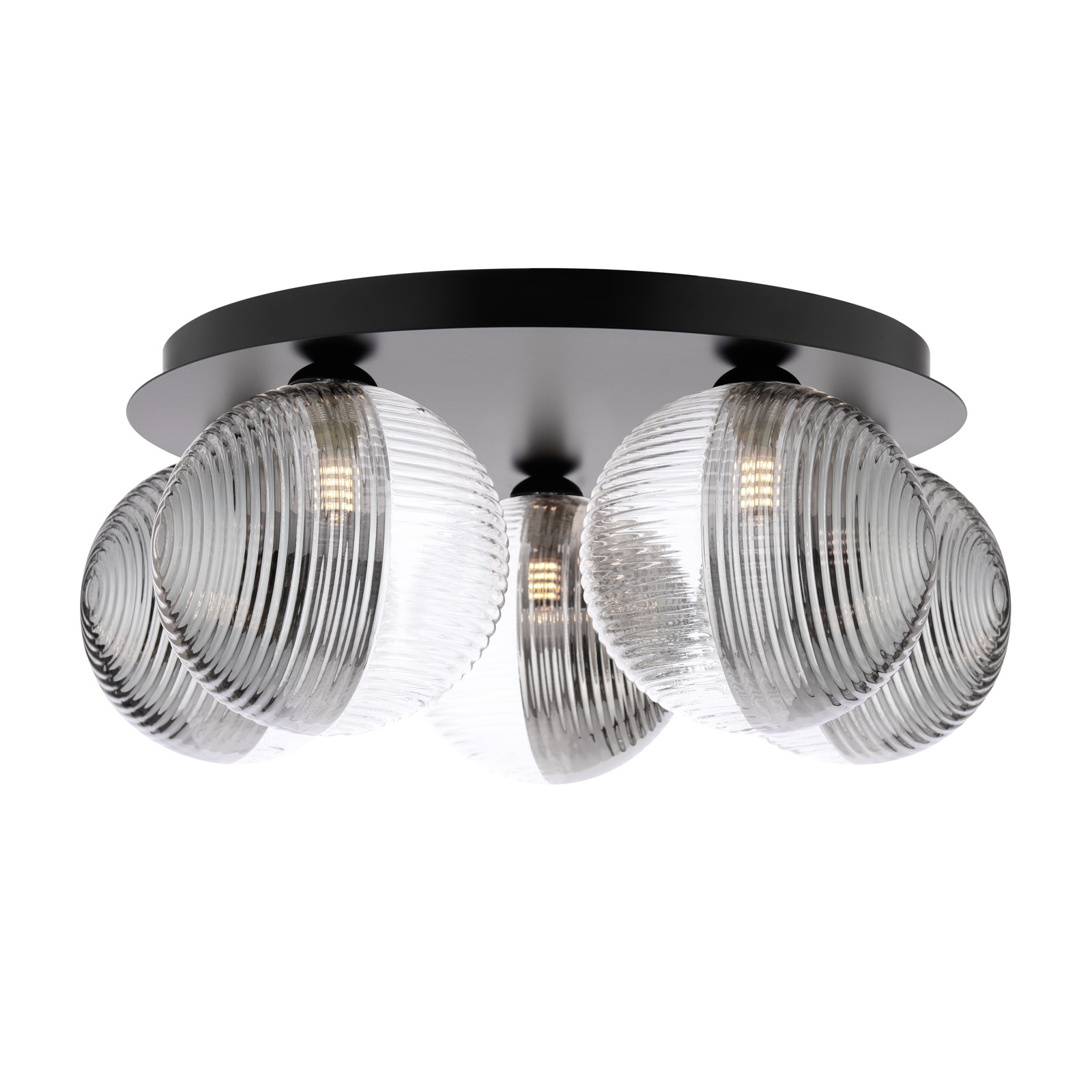Foley 5 Light Flush Matt Black With Smoked/Clear Ribbed Glass