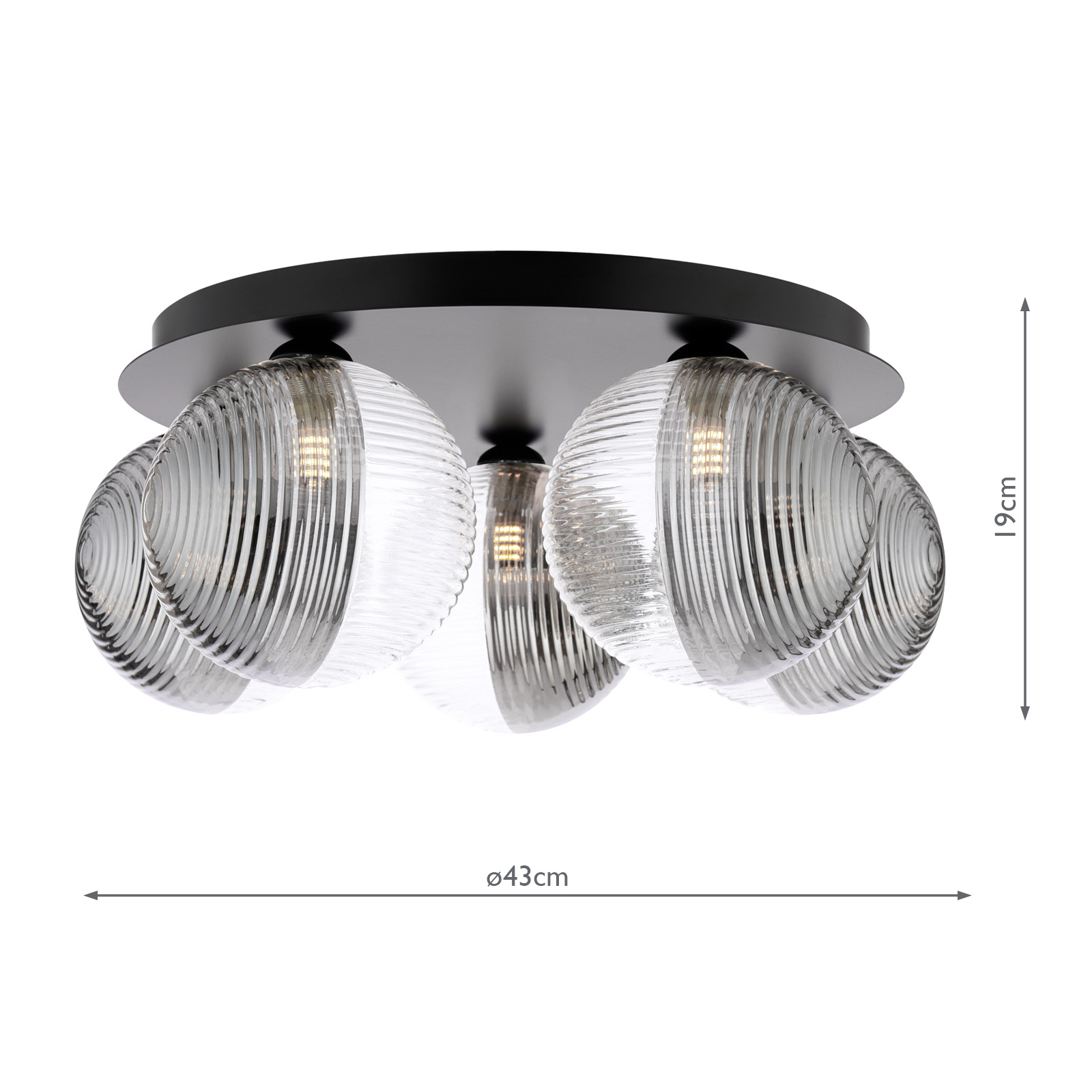 Foley 5 Light Flush Matt Black With Smoked/Clear Ribbed Glass