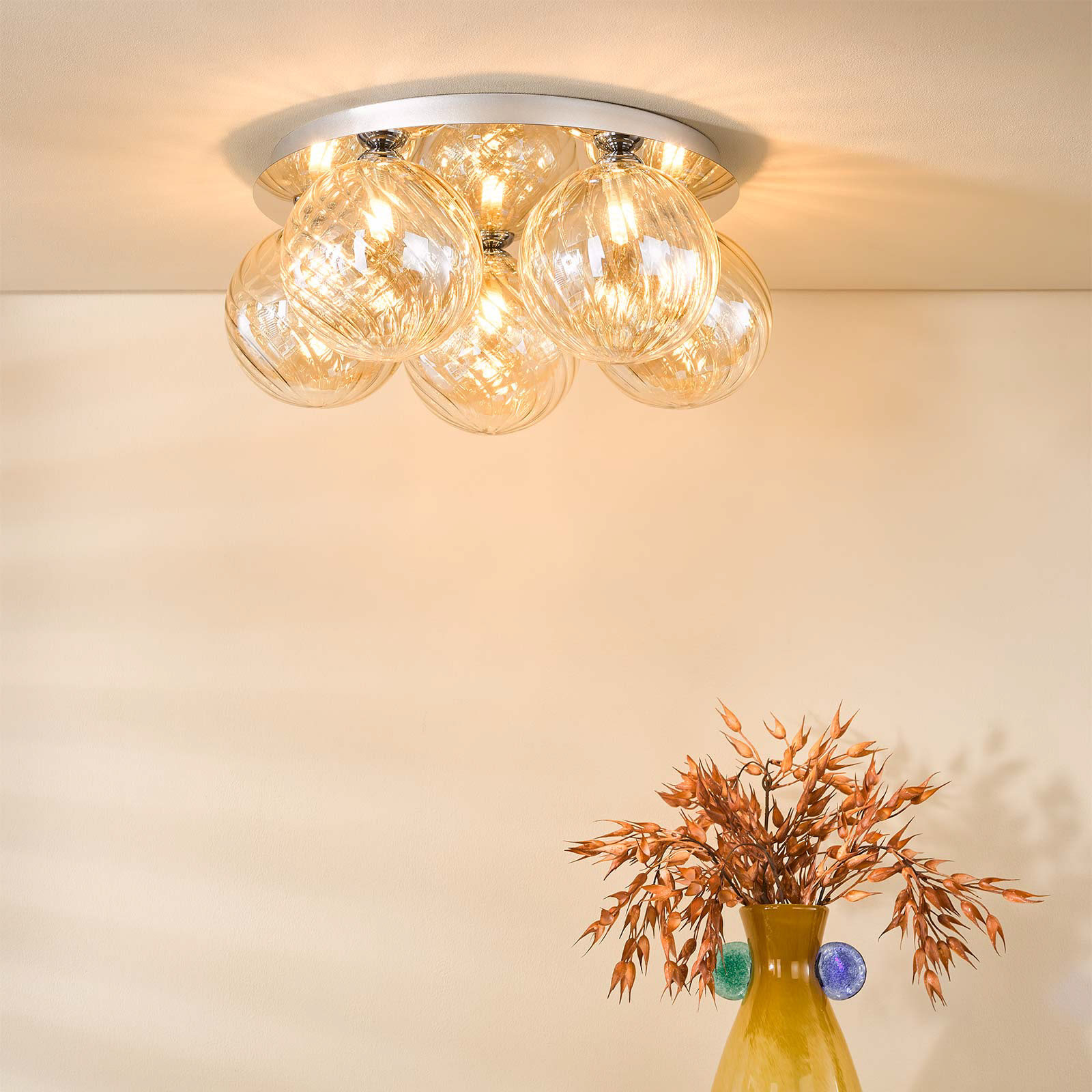 Foley 5 Light Flush Polished Chrome With Twisted Amber Glass