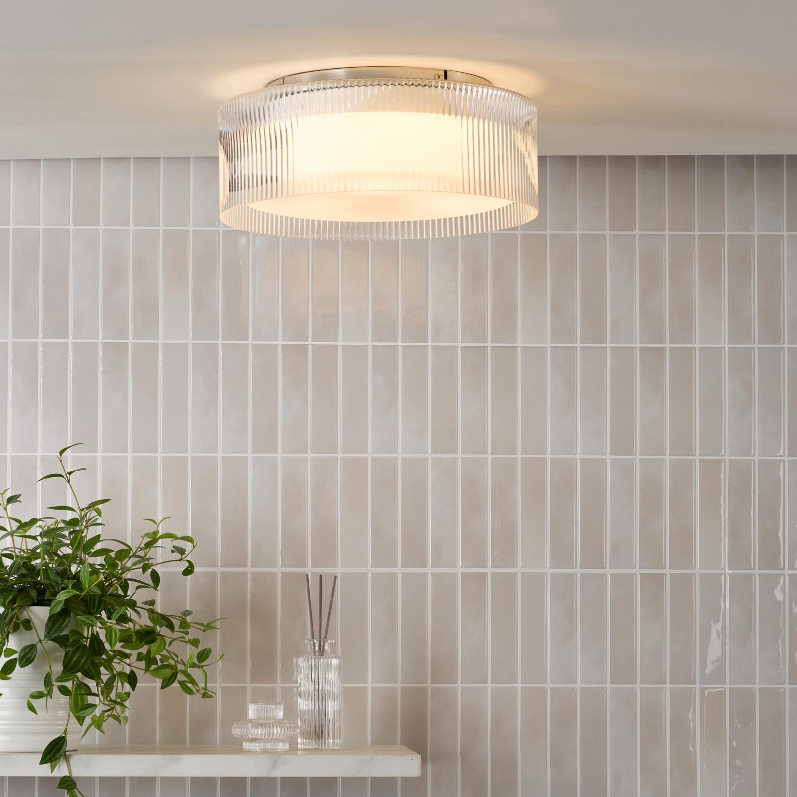 Geryon 3 Light Bathroom Ceiling Light Polished Chrome and Ribbed Glass IP44