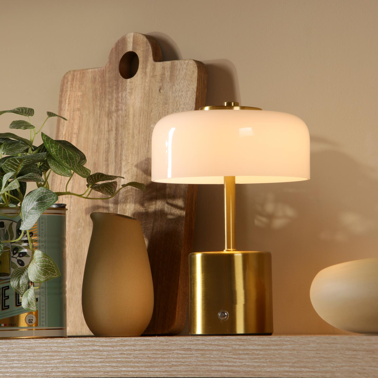 Gidget Rechargeable Table Lamp Natural Brass and Opal Glass LED