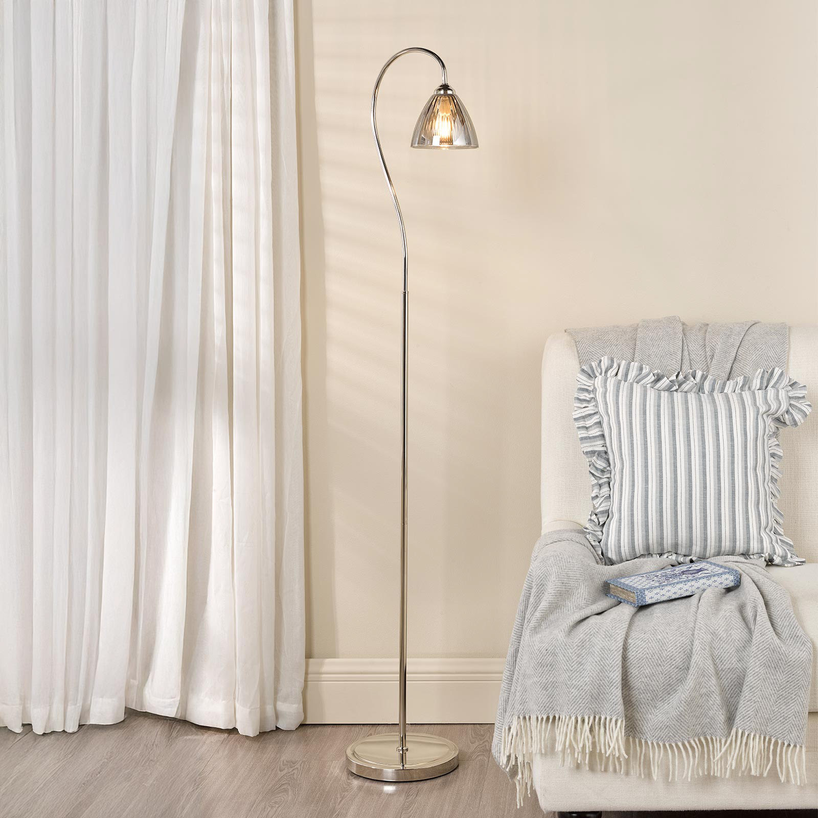 Glynis Floor Lamp Polished Nickel and Smoked Ribbed Glass