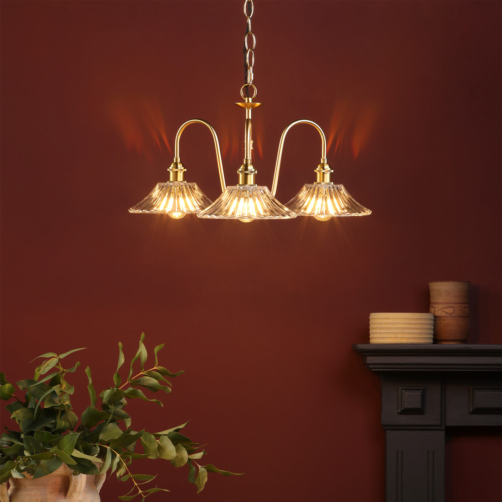 Hadano 3 Light Pendant Natural Brass and Glass