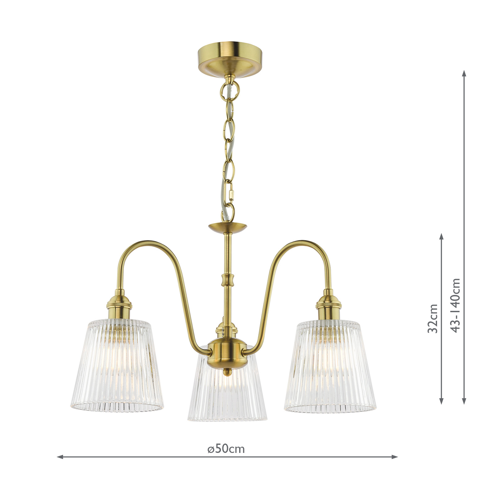 Hadano 3 Light Pendant Natural Brass and Ribbed Glass