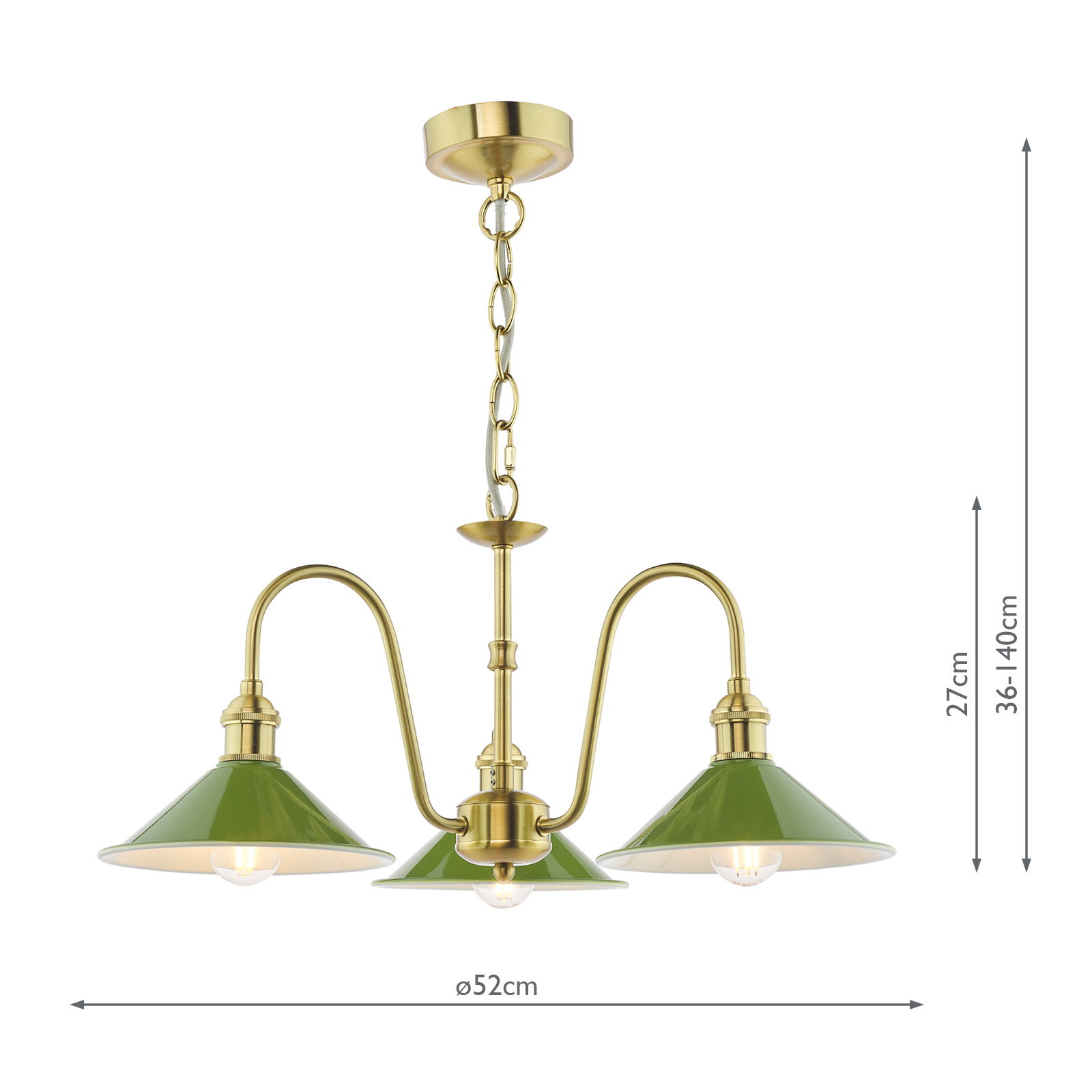 Hadano 3 Light Pendant Natural Brass and Matt Green