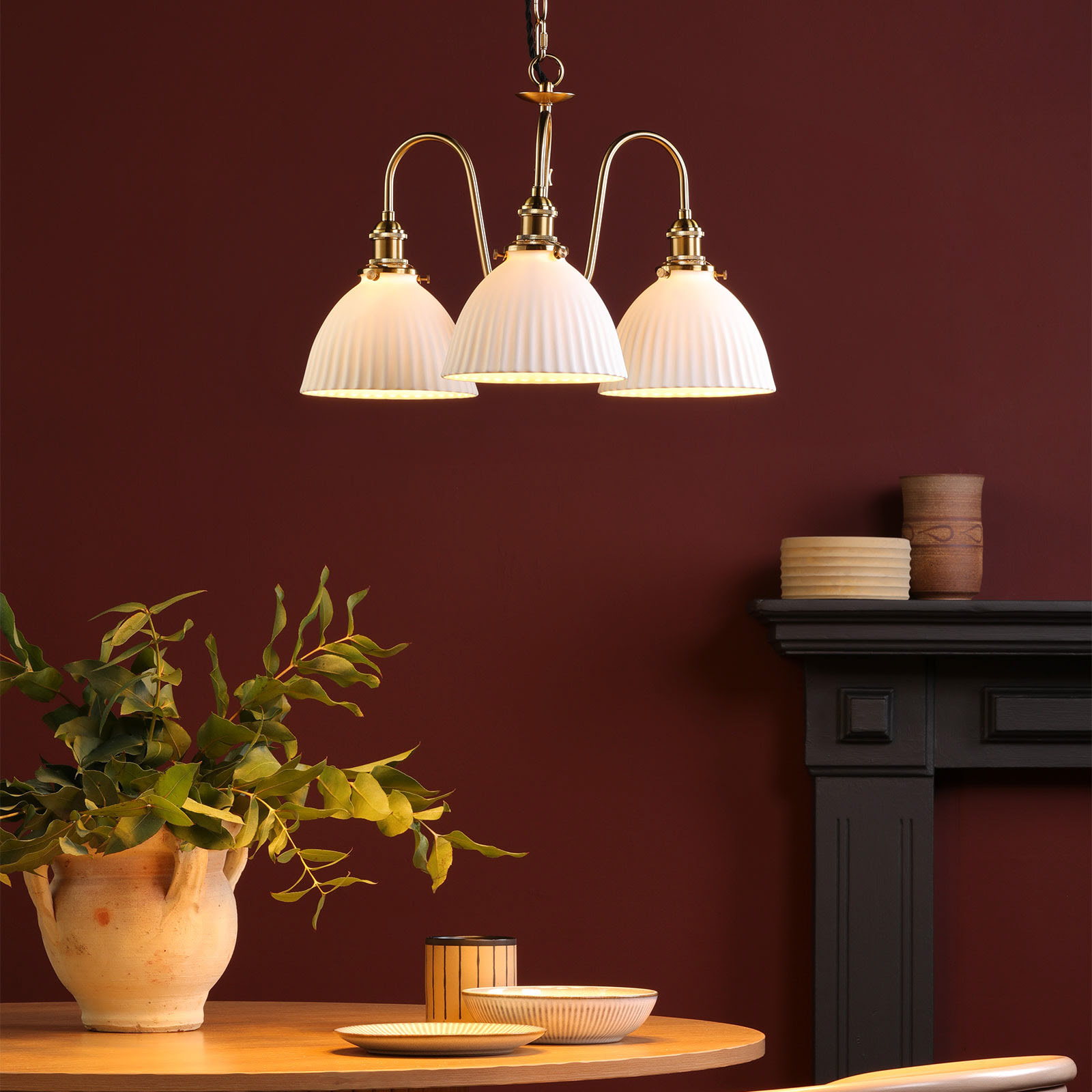 Hadano 3 Light Pendant Natural Brass and White Ceramic