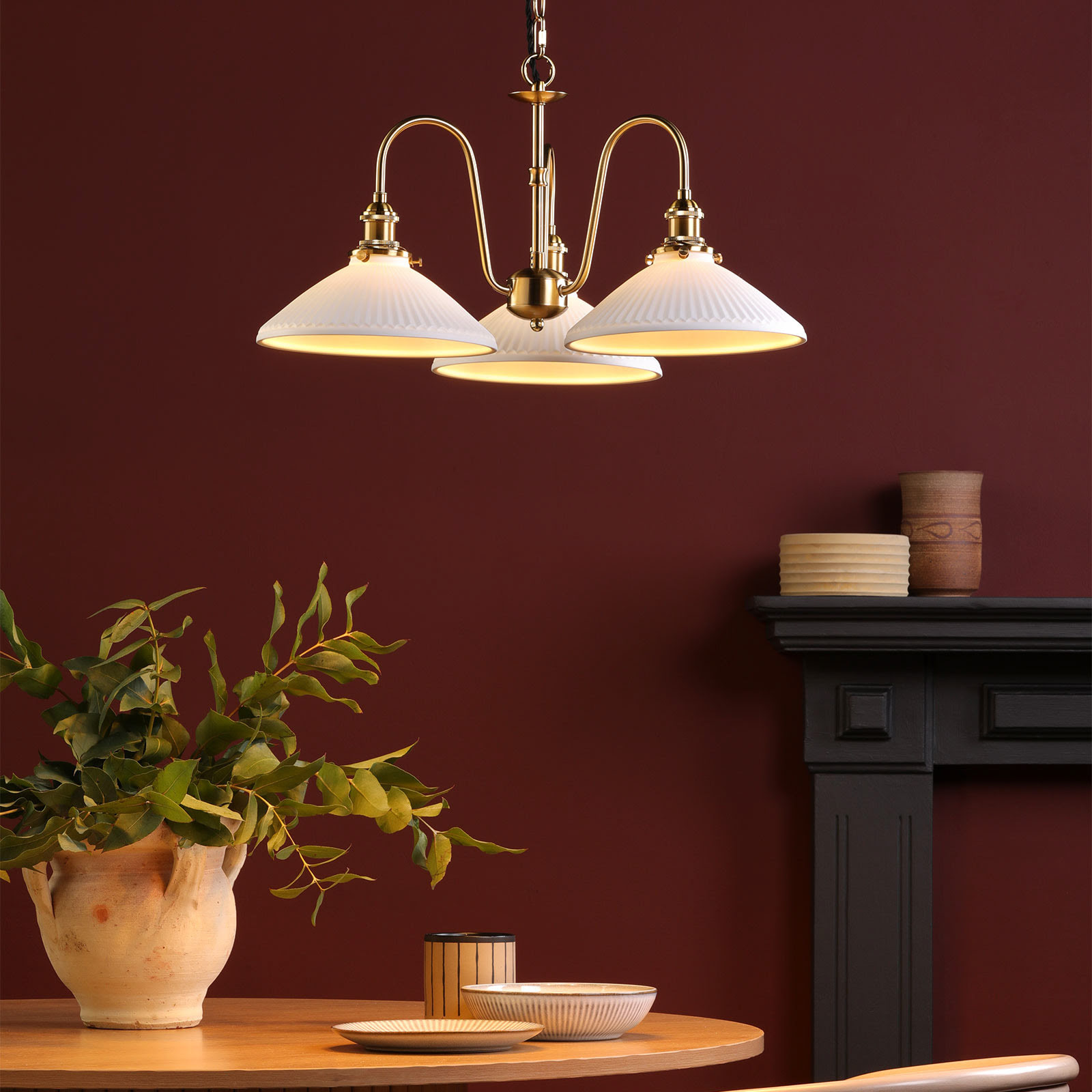 Hadano 3 Light Pendant Natural Brass and White Ceramic