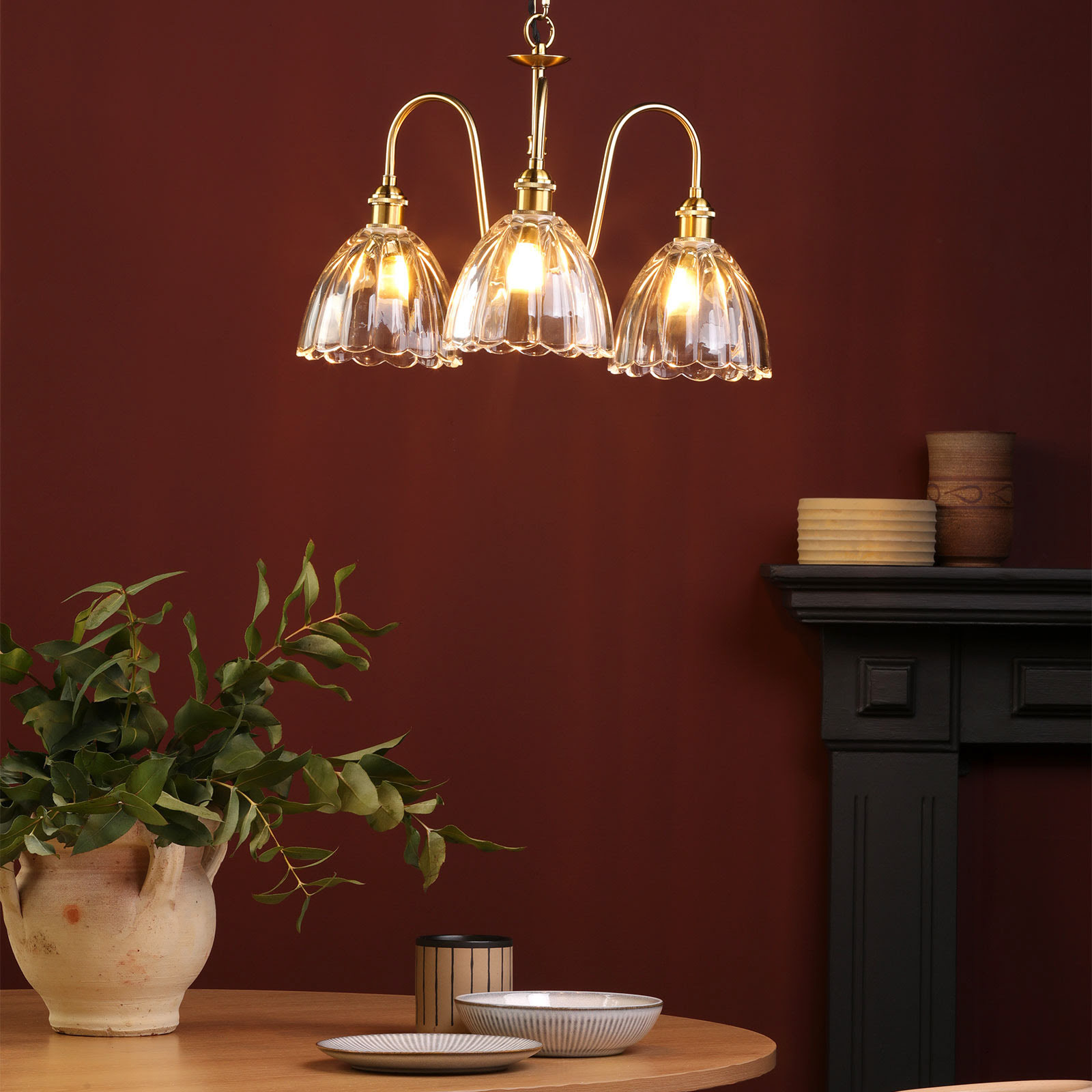 Hadano 3 Light Pendant Natural Brass and Glass