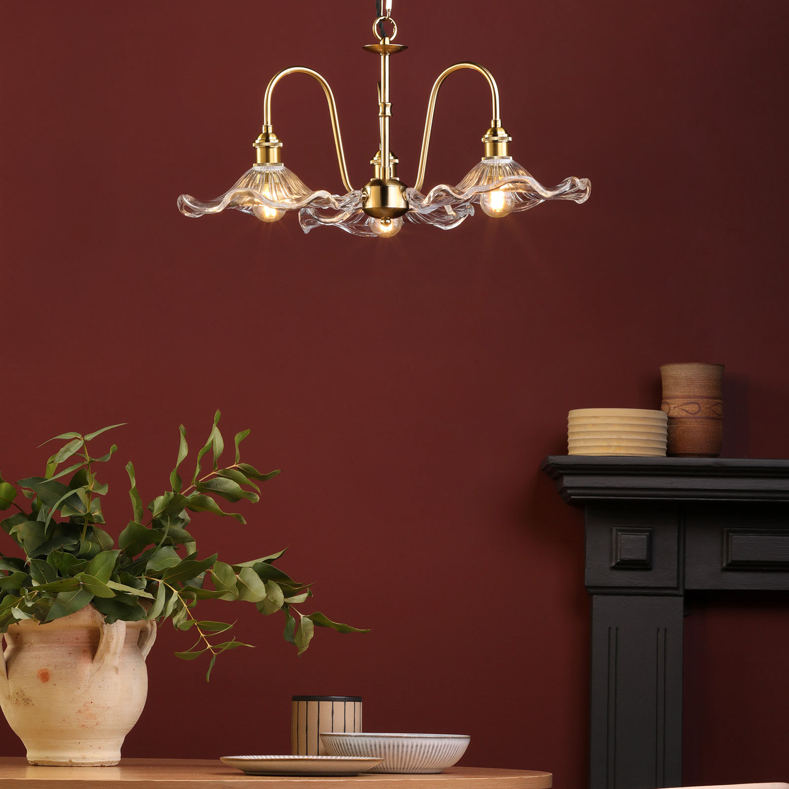 Hadano 3 Light Pendant Natural Brass and Glass