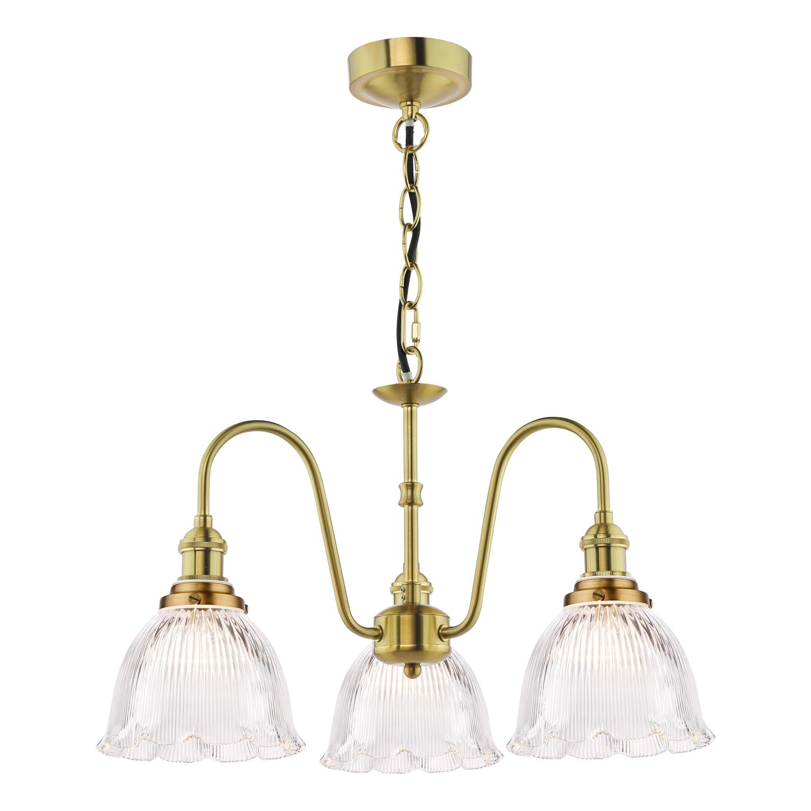 Hadano 3 Light Pendant Natural Brass with Domed Ribbed Glass Shades