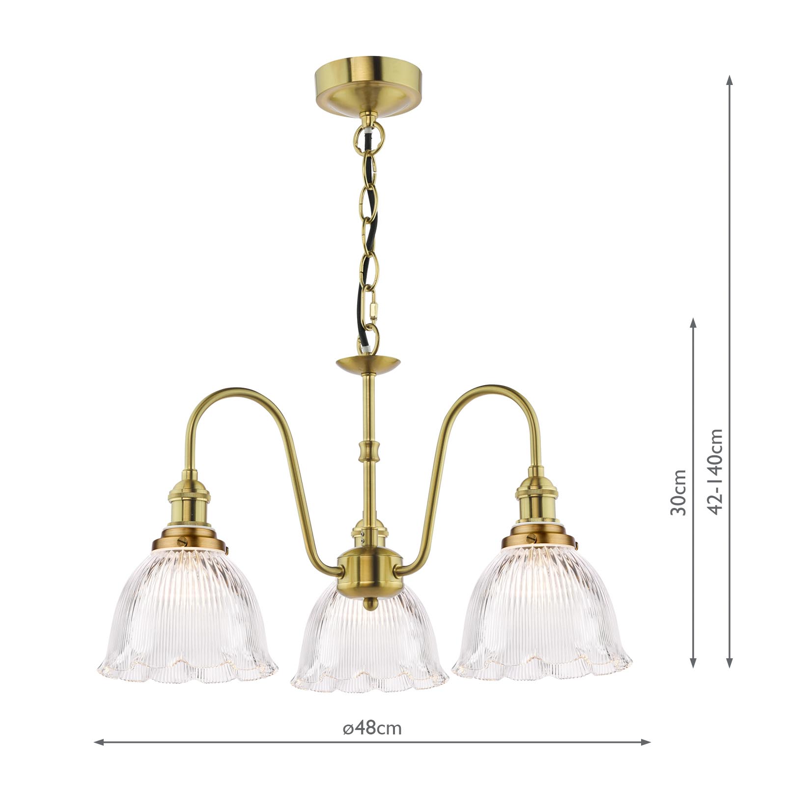 Hadano 3 Light Pendant Natural Brass with Domed Ribbed Glass Shades