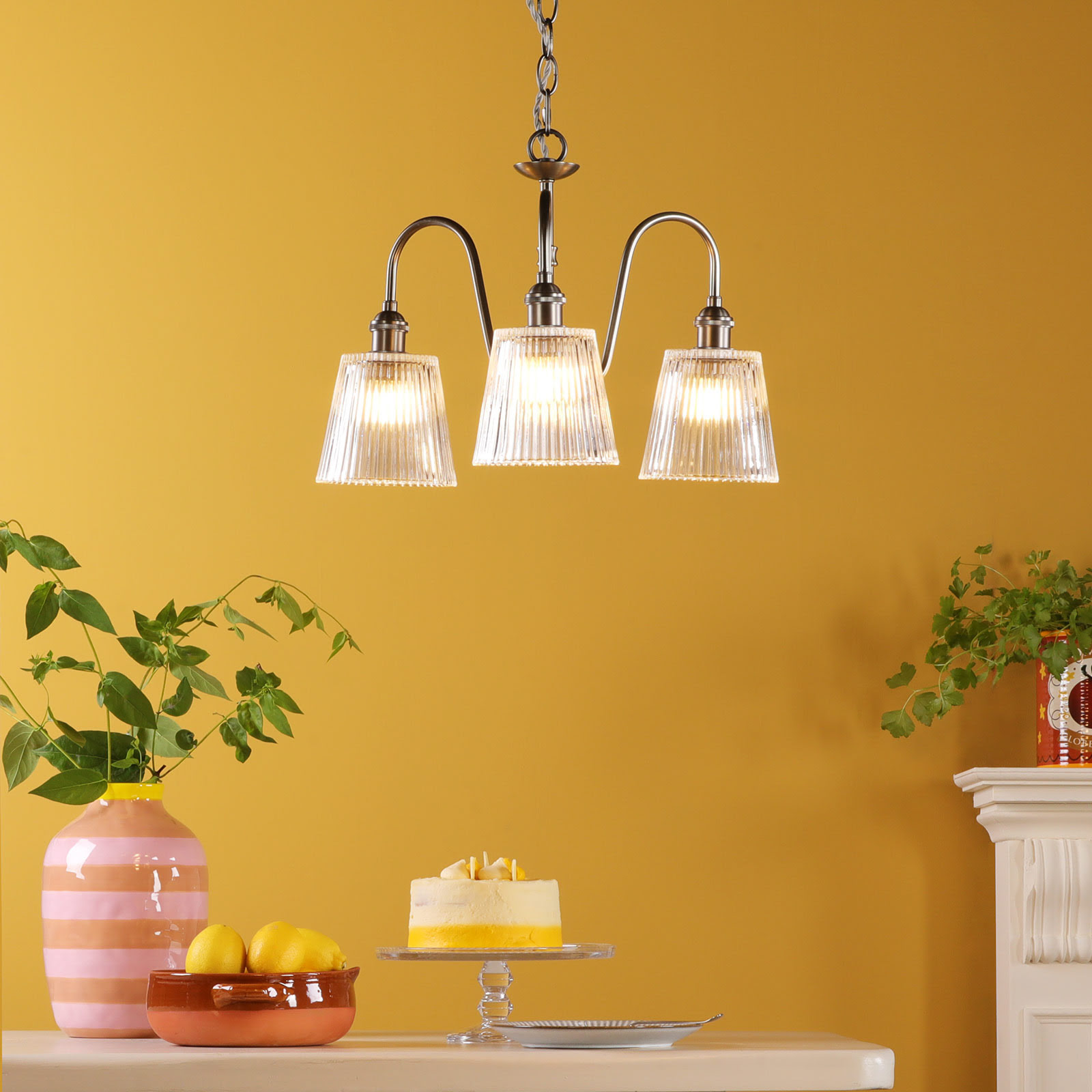 Hadano 3 Light Pendant Antique Chrome and Ribbed Glass