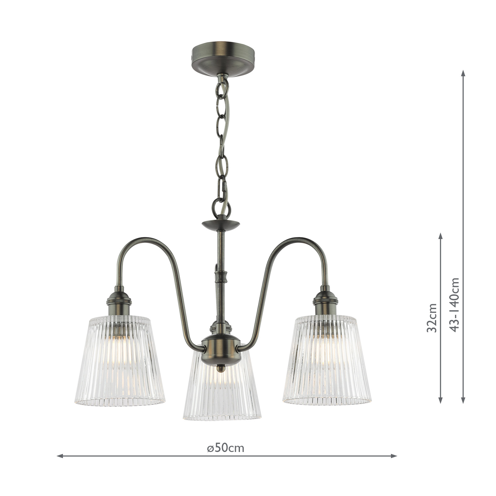 Hadano 3 Light Pendant Antique Chrome and Ribbed Glass
