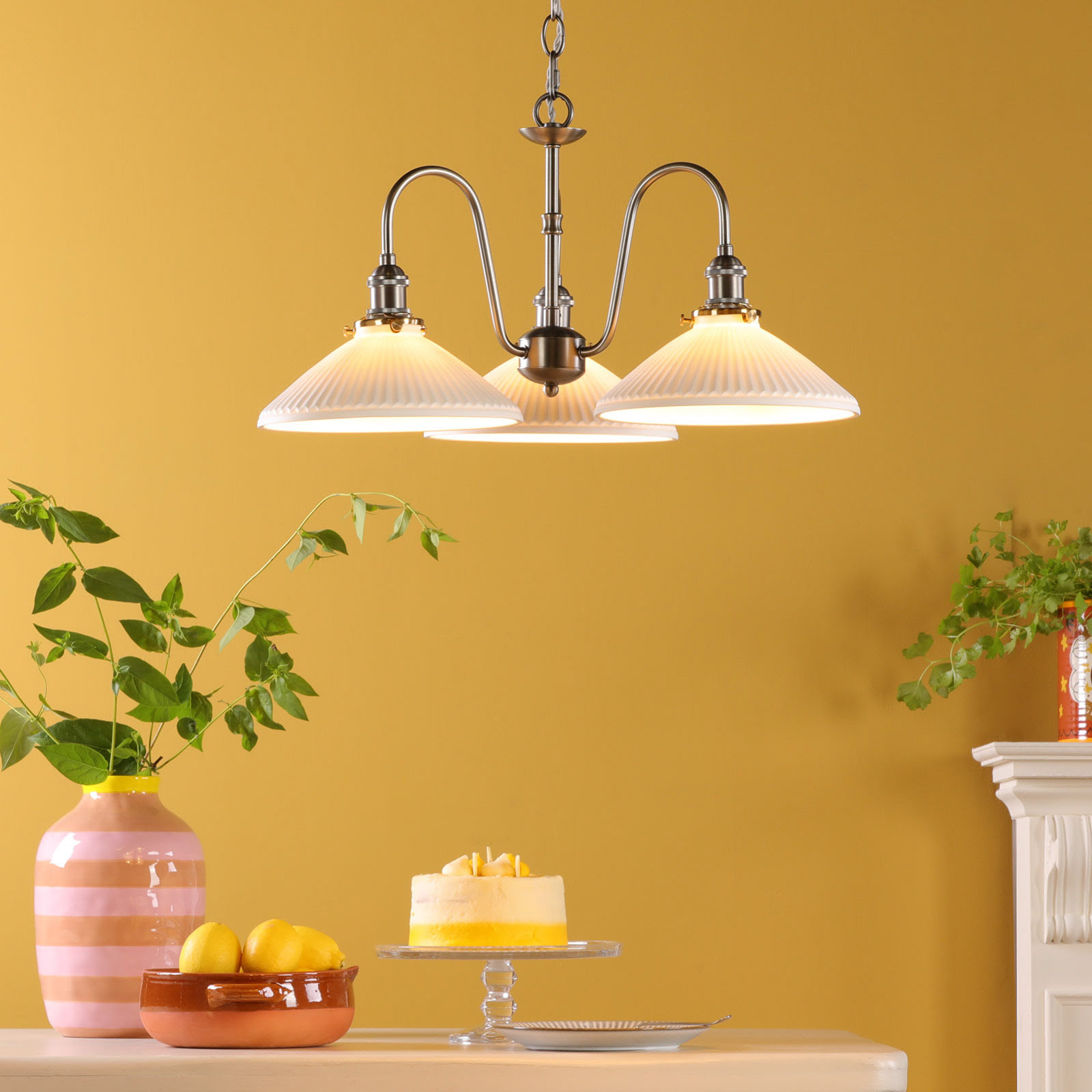 Hadano 3 Light Pendant Antique Chrome and White Ceramic