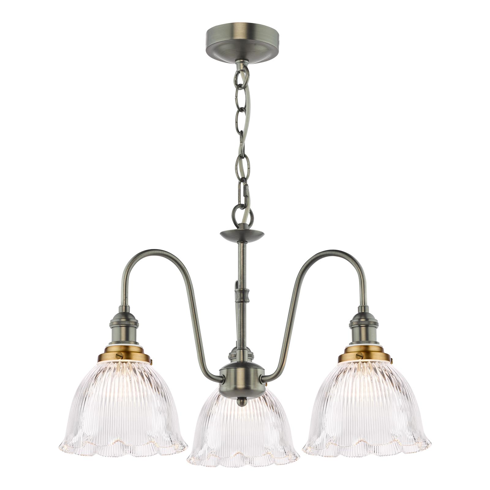 Hadano 3 Light Pendant Antique Chrome with Domed Ribbed Glass Shades