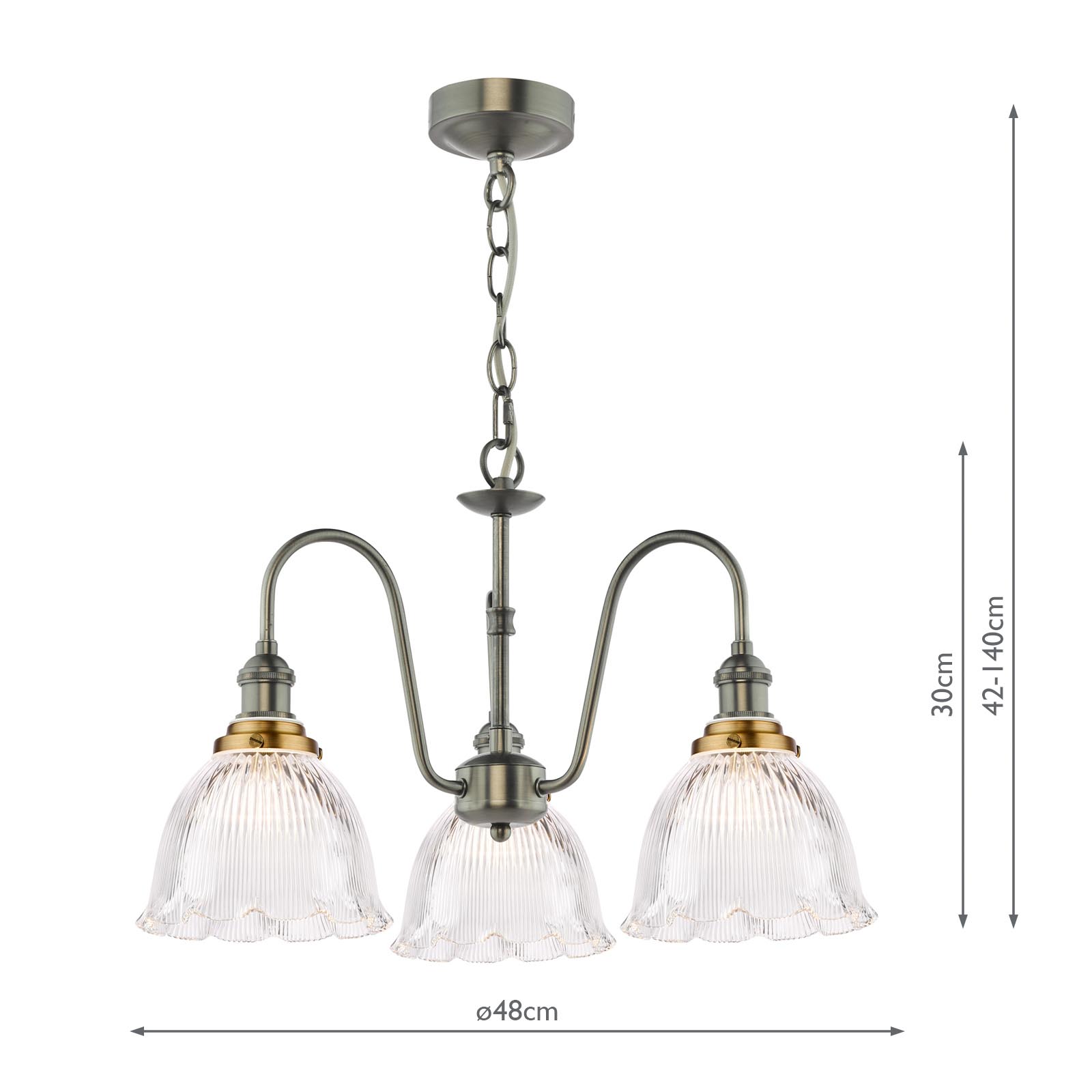Hadano 3 Light Pendant Antique Chrome with Domed Ribbed Glass Shades