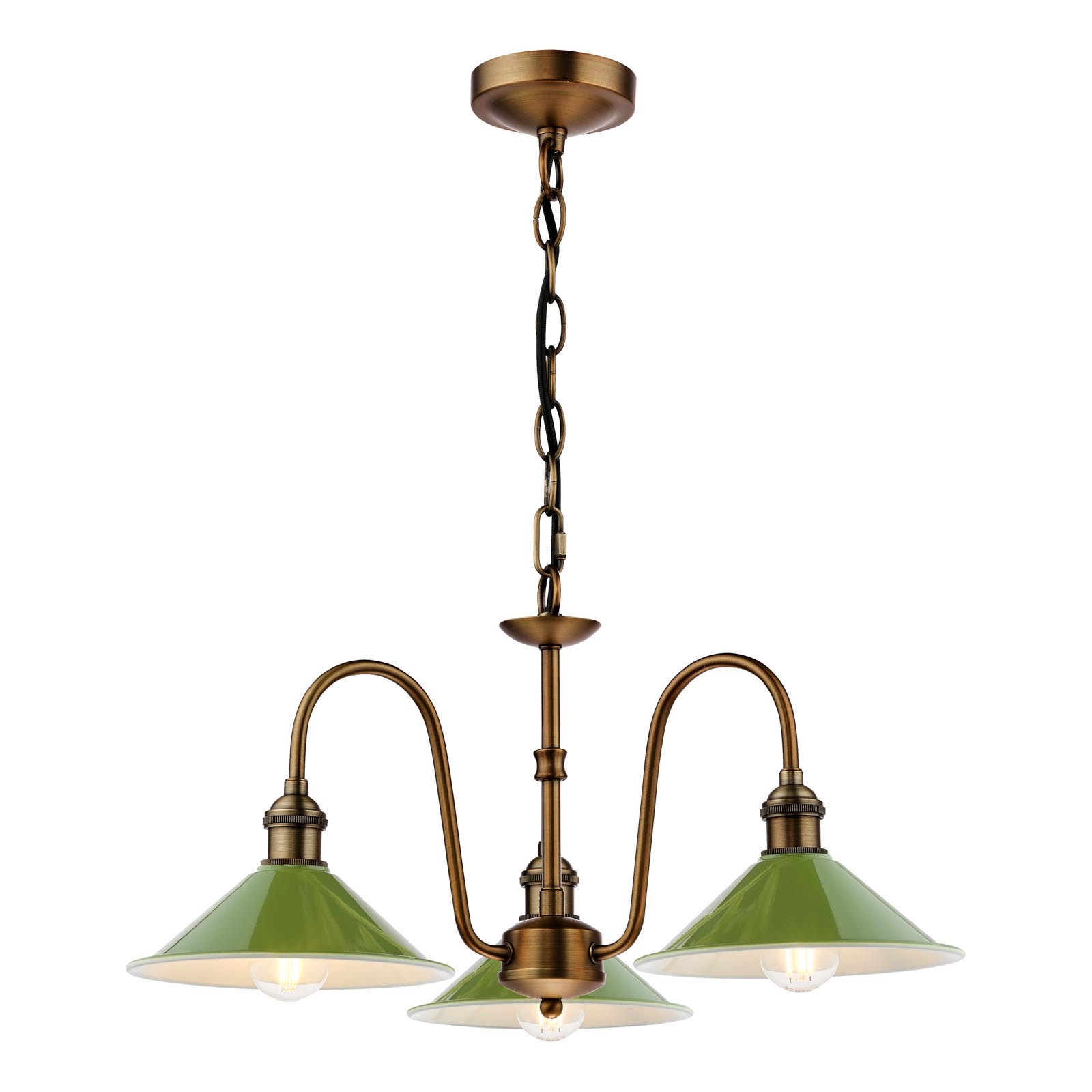 Hadano 3 Light Pendant Antique Bronze with Gloss Green Metal Shades 18cm